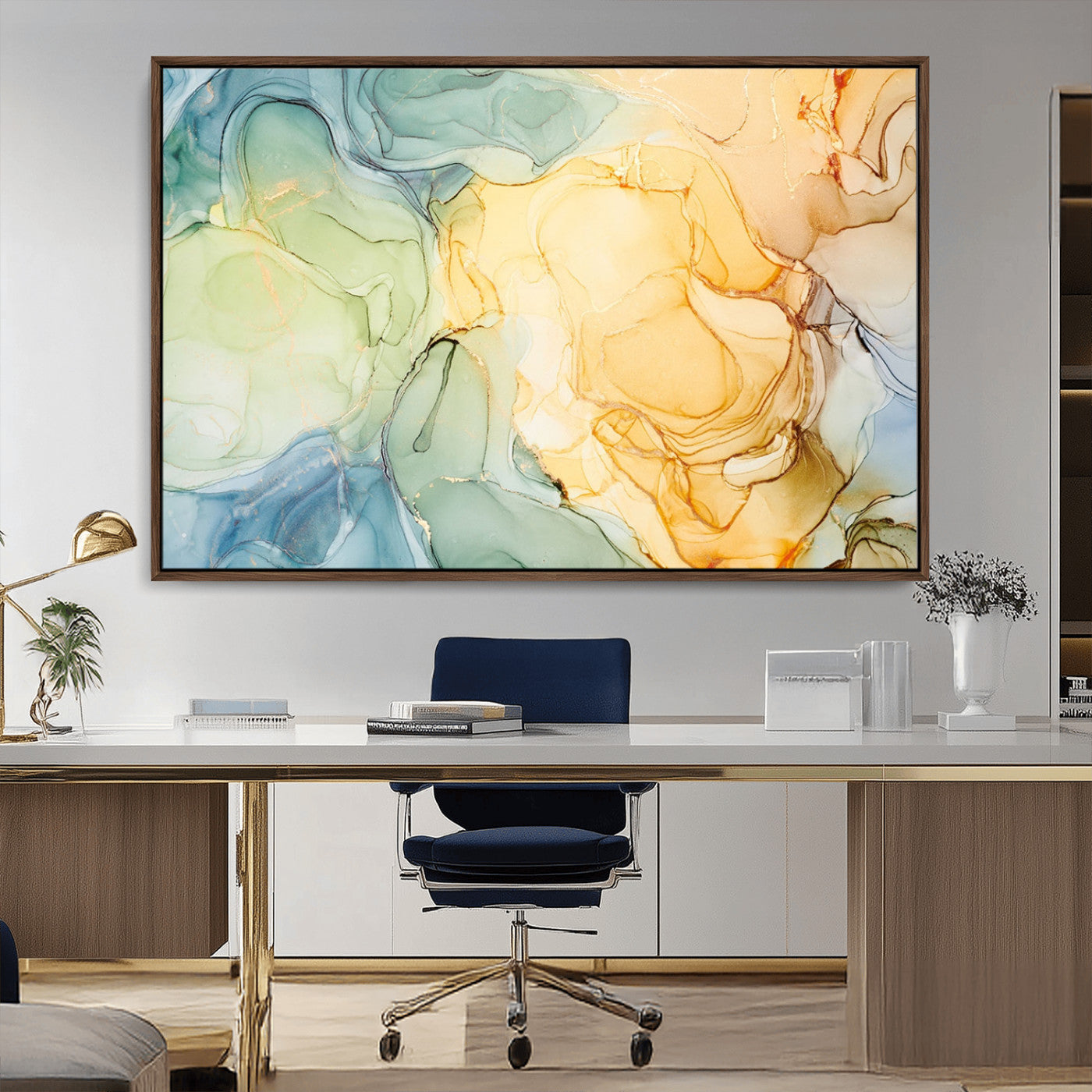 42195-MGV-FC-36X24_Walnut-Green and Yellow Marble Fluid Effect Wall Art, Green and Yellow Marble Canvas Wall Art Print