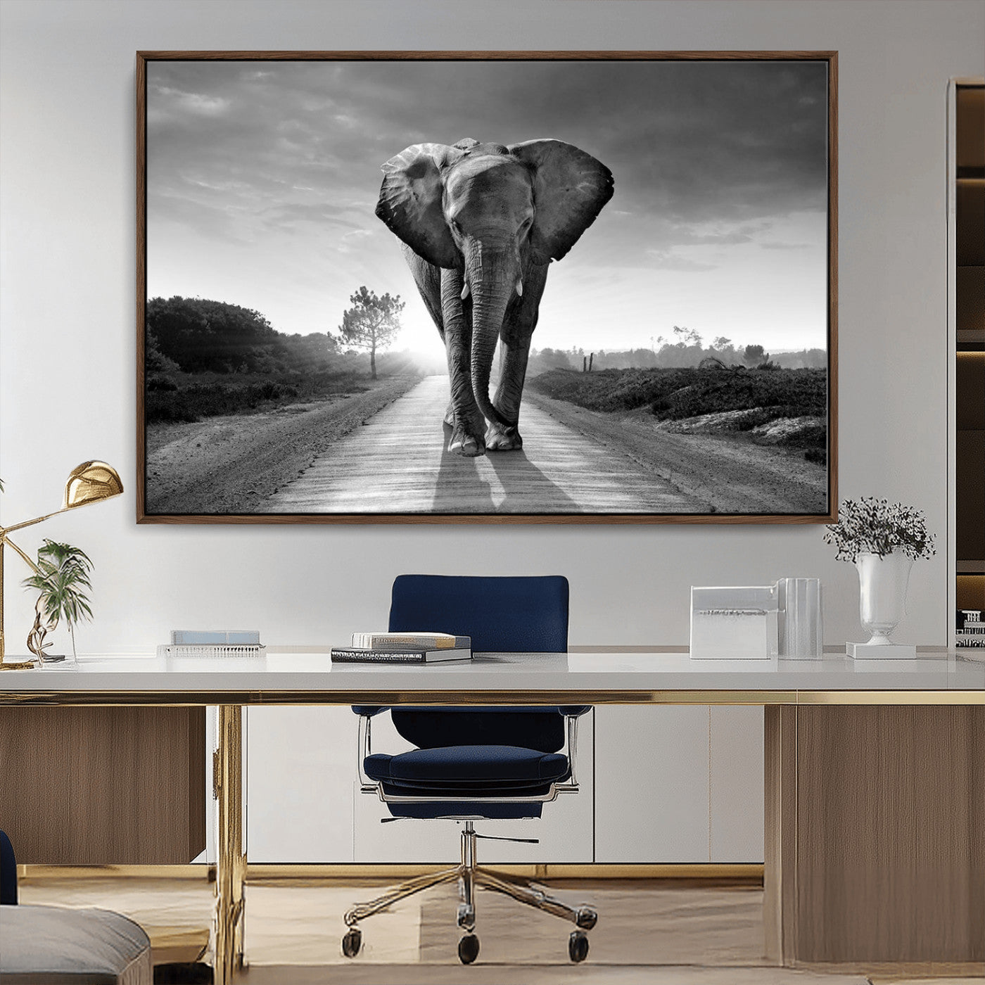 56739-MGV-FC-36X24_Walnut-Black and White Elephant Wall Art Canvas Print