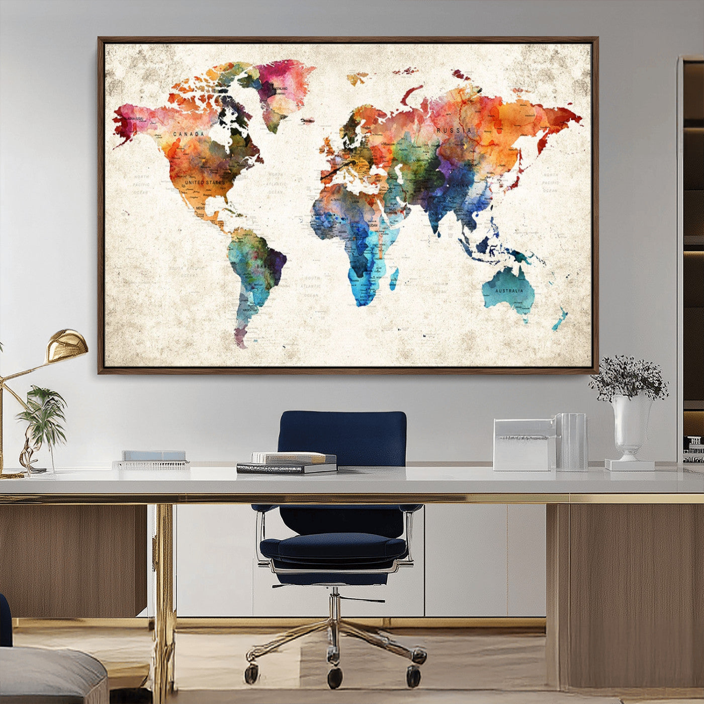 66549-MGV-FC-36X24_Walnut-Colorful Watercolor World Map Canvas Wall Art – Framed Push Pin Travel Map for Home and Office Decor, Artistic Modern Wall Artwork