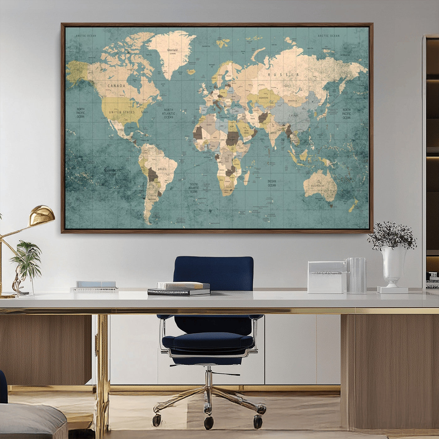 54872-MGV-CV-36X24-Classic World Map Canvas Print – Framed Vintage Map Wall Art, Retro Atlas Design for Rustic Explorer or Study Room Decor