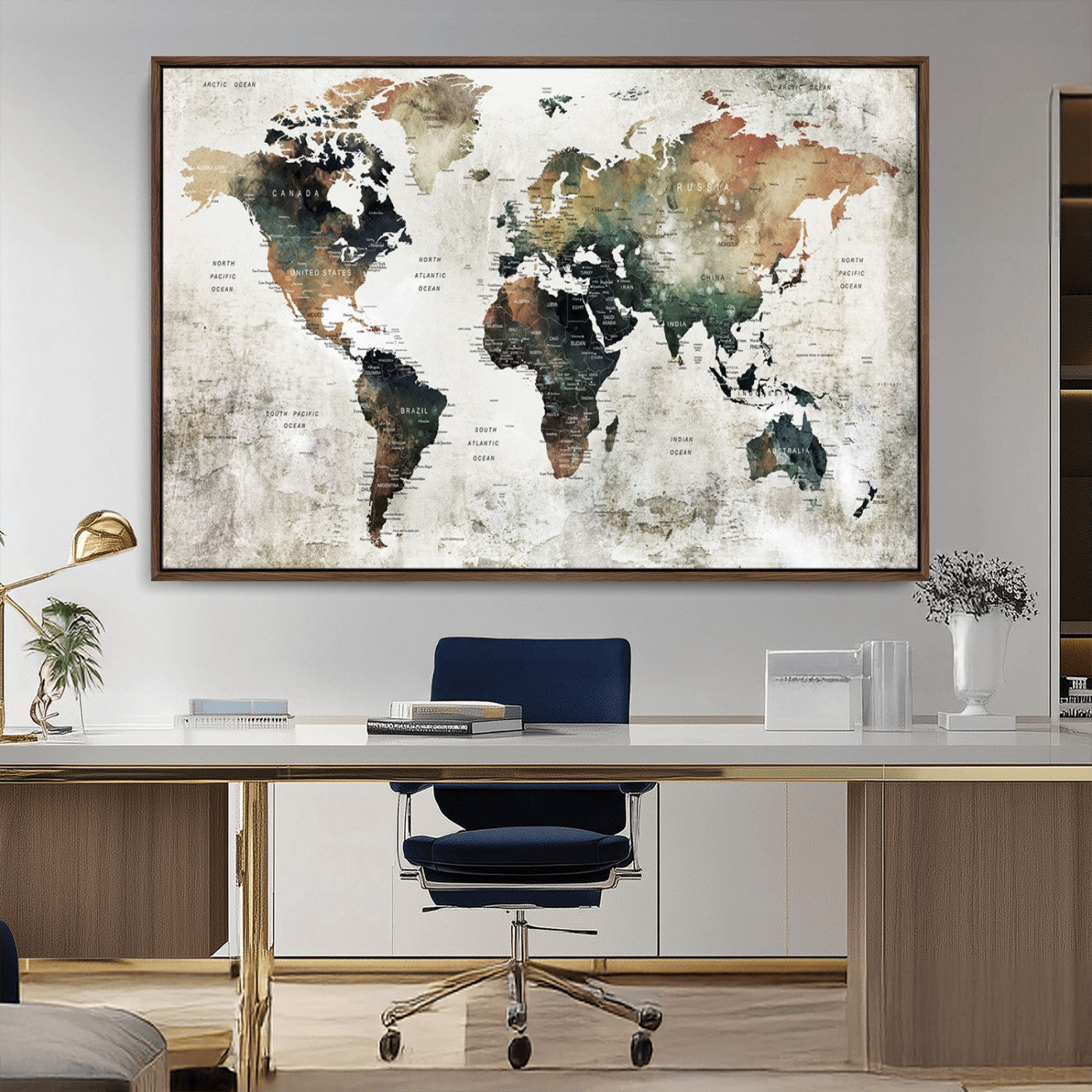 19444-MGV-FC-36X24_Walnut-Push Pin World Map Canvas Print – Travel Tracker Wall Art for Couples, Perfect Anniversary Gift for Home or Office Decor