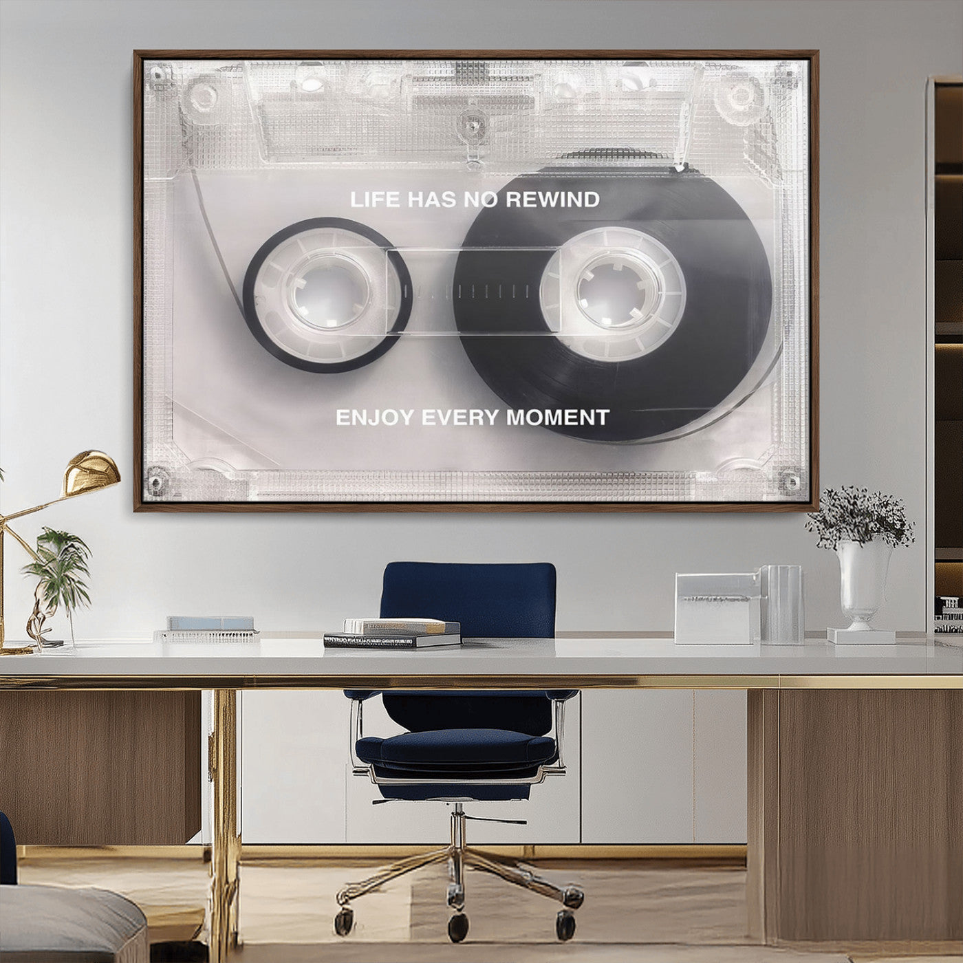 -Vintage Cassette Tape Canvas Wall Art - Inspirational 'Life Has No Rewind' Quote, Retro Music Decor