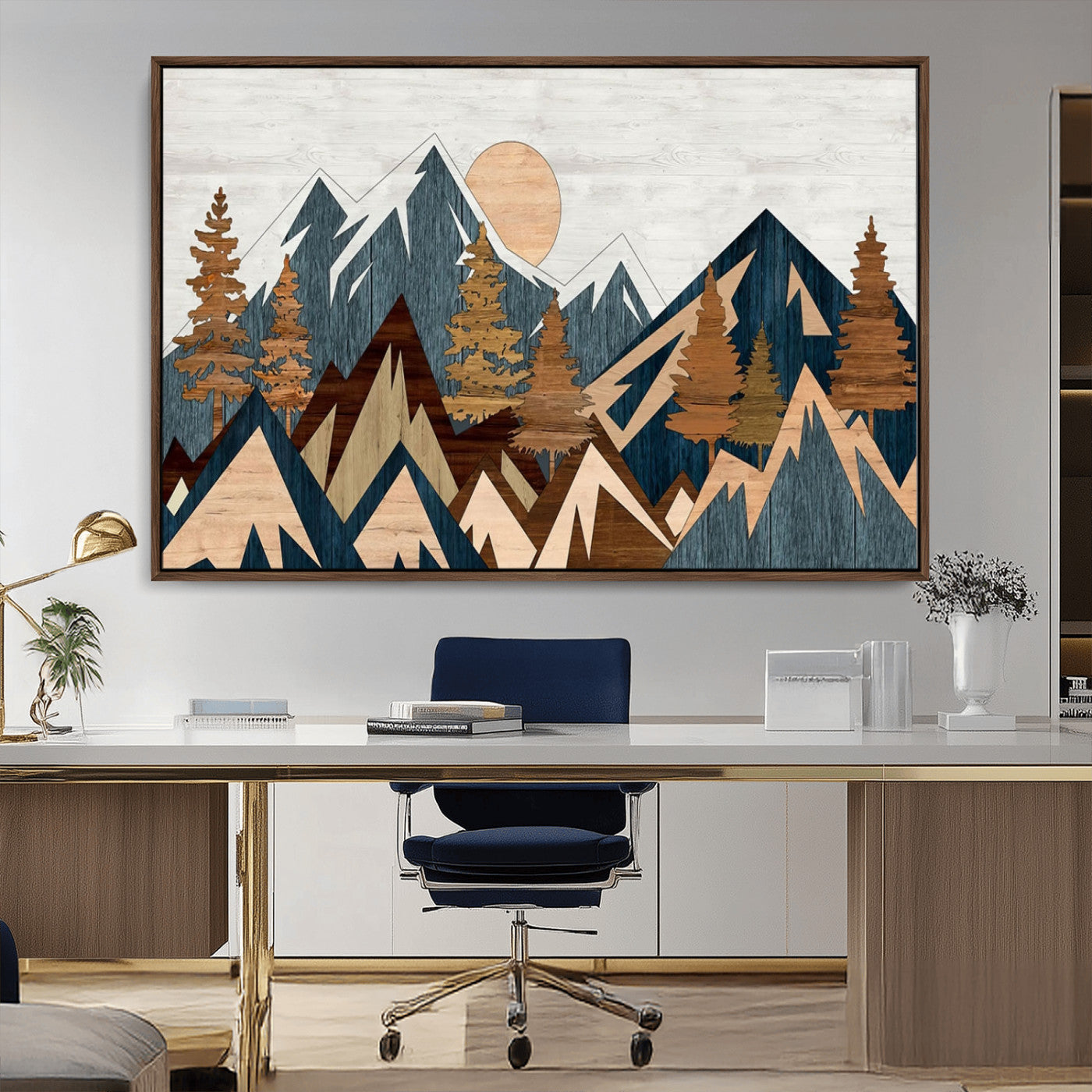 91467-MGV-CV-36X24-Abstract Wood Panel Effect Mountain Range Top Wall Art Canvas Print