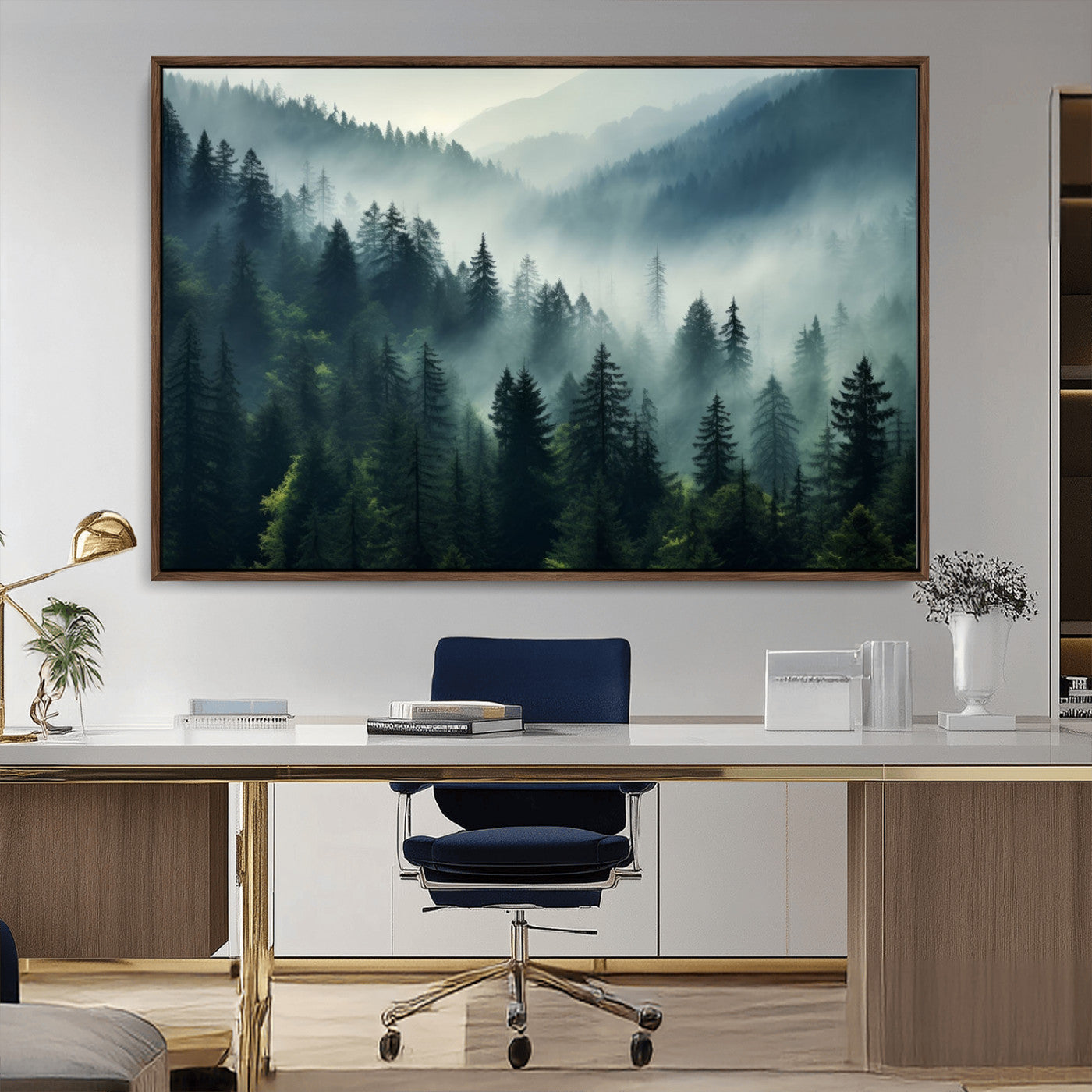 17687-MGV-FC-36X24_Walnut-Captivating Misty Forest Wall Art Premium Canvas Print a Foggy and Serene Atmosphere Art