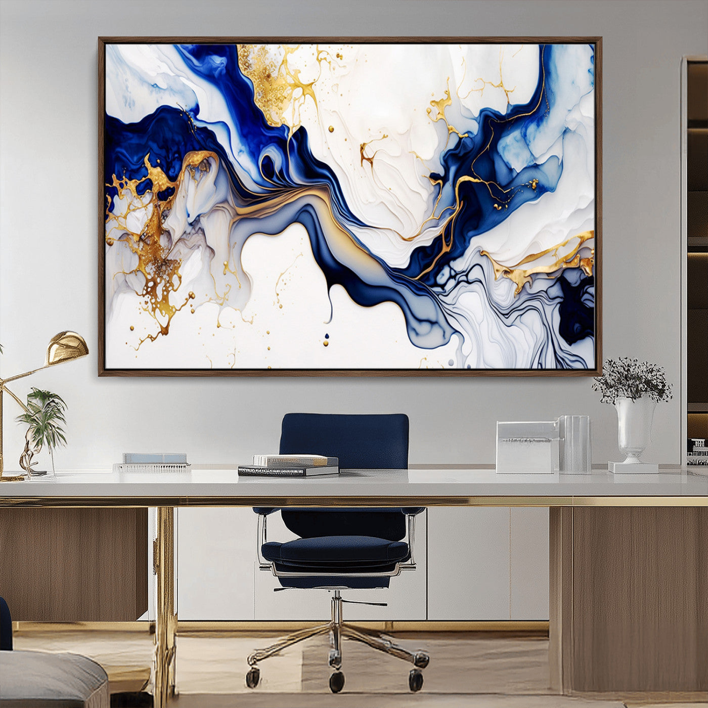 93392-MGV-CV-36X24-Golden Cascades on Midnight Blue – Deep Blue Abstract Wall Art Flowing Elegance | Wall Art Canvas,