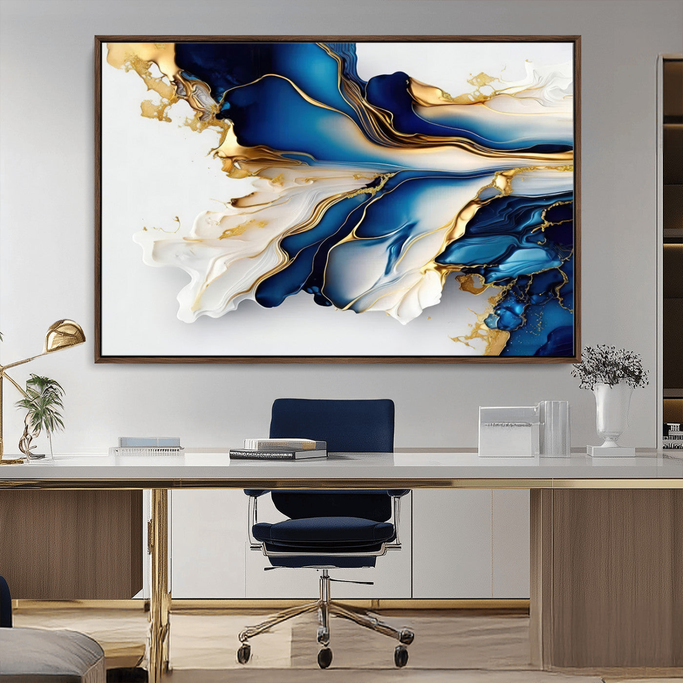 65693-MGV-CV-36X24-Gold Marble Art - Abstract Geode Gold And Blue Marble Shape 3 Pieces Wall Art Canvas Print