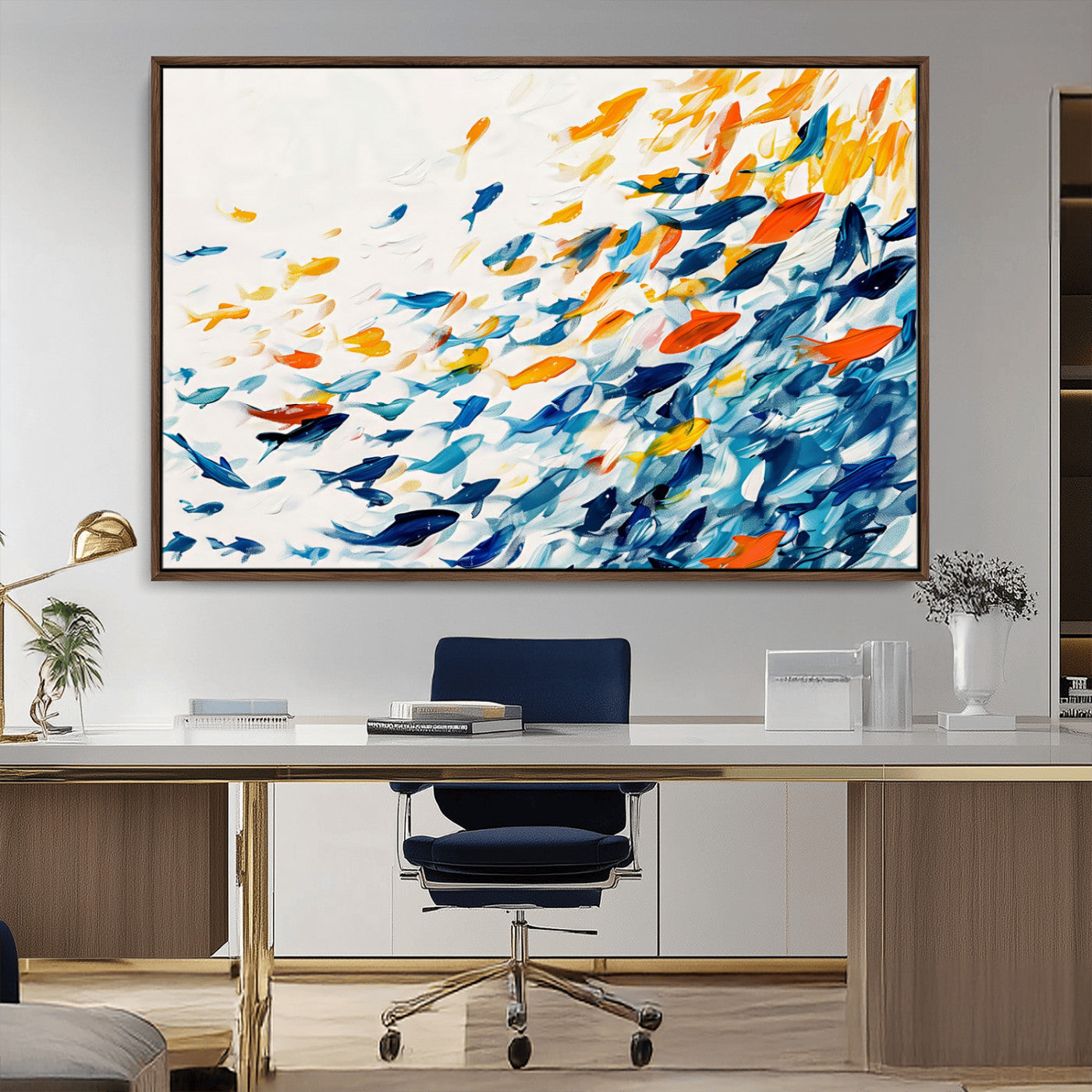 84837-MGV-CV-36X24-Abstract Fish Shoal Wall Art Canvas Print, Colorful Fish Herd Painting on Canvas Print, Ocean Animal