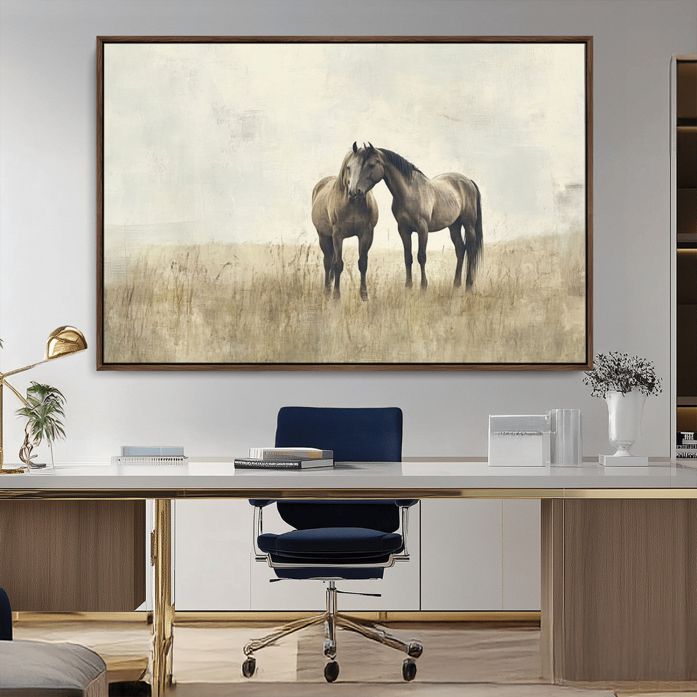 -Chines Style Grunge Horses Wall Art Canvas Print