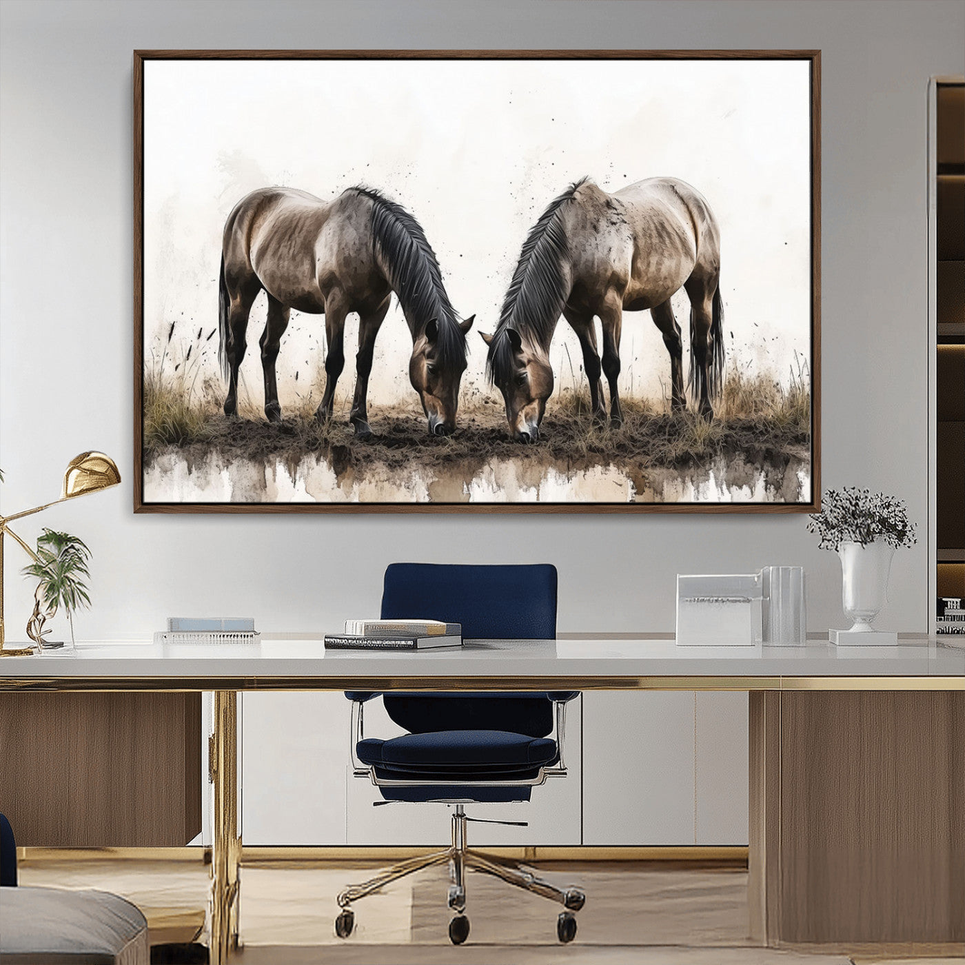 -Chines Ink Style Horses Wall Art Canvas Print
