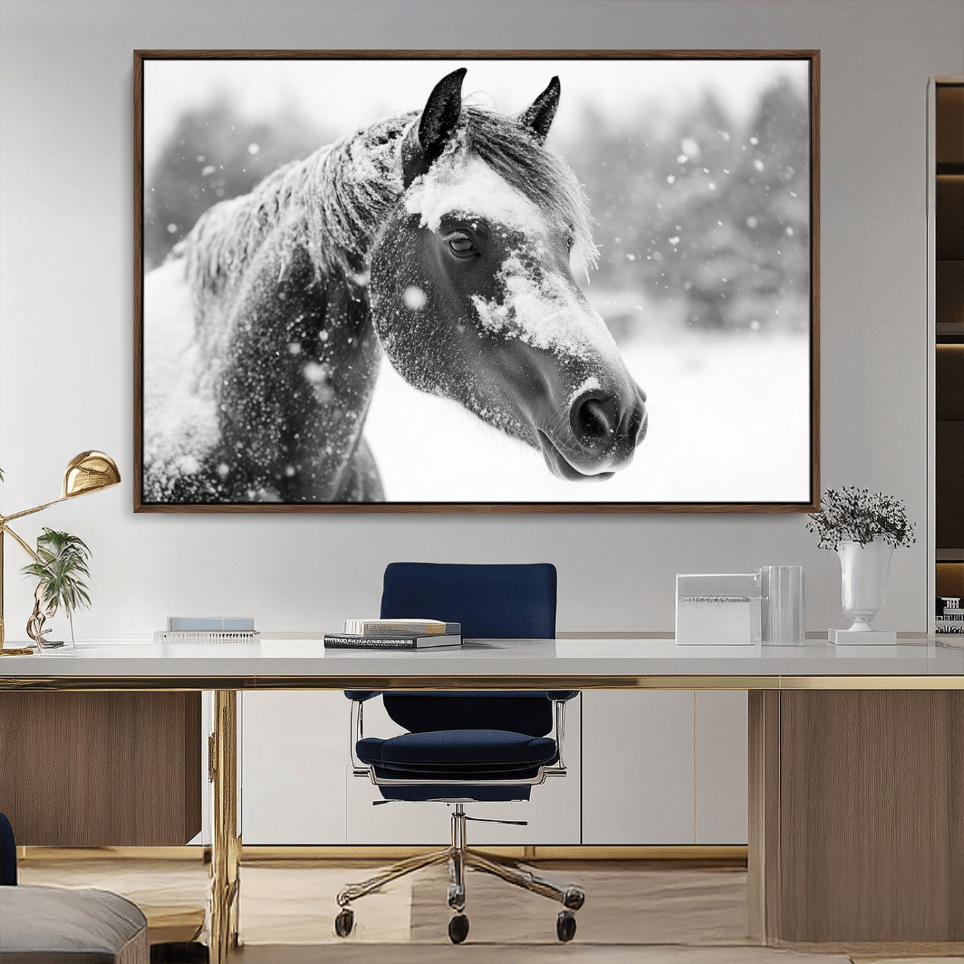 13358-MGV-CV-36X24-Black Horse Winter Wall Art | Ready to Hang and Framed | Farmhouse and Western Wall Decor for Living Room