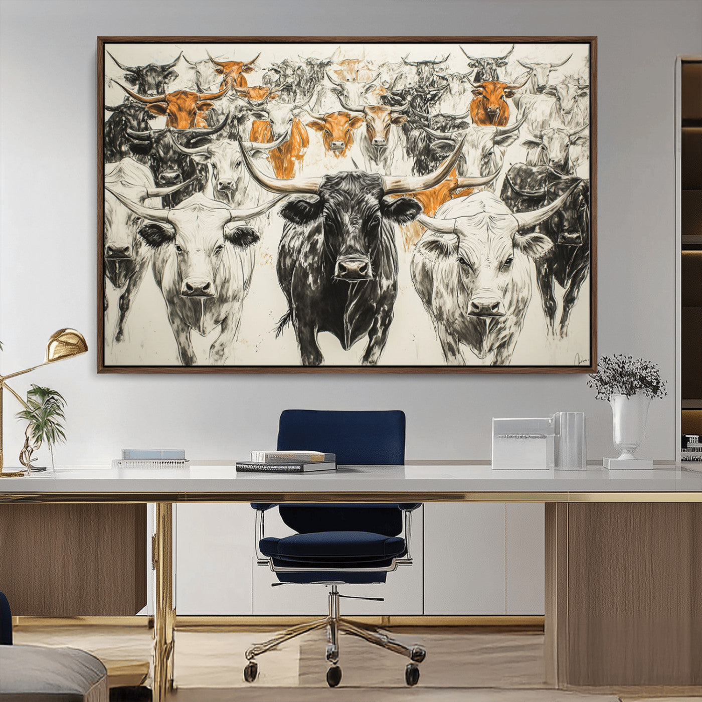 79794-MGV-CV-36X24-Farmhouse Wall Art | Western Longhorn Cattle Canvas Print | Ready to Hang and Framed Barn Decor