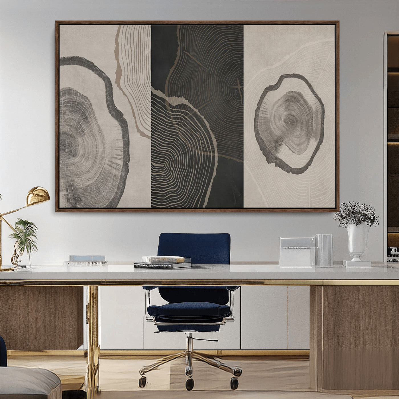 25407-MGV-CV-36X24-Modern Abstract Tree Ring Canvas Art Set | 3 Panel Large Tree Ring Design for Living Room, Office,