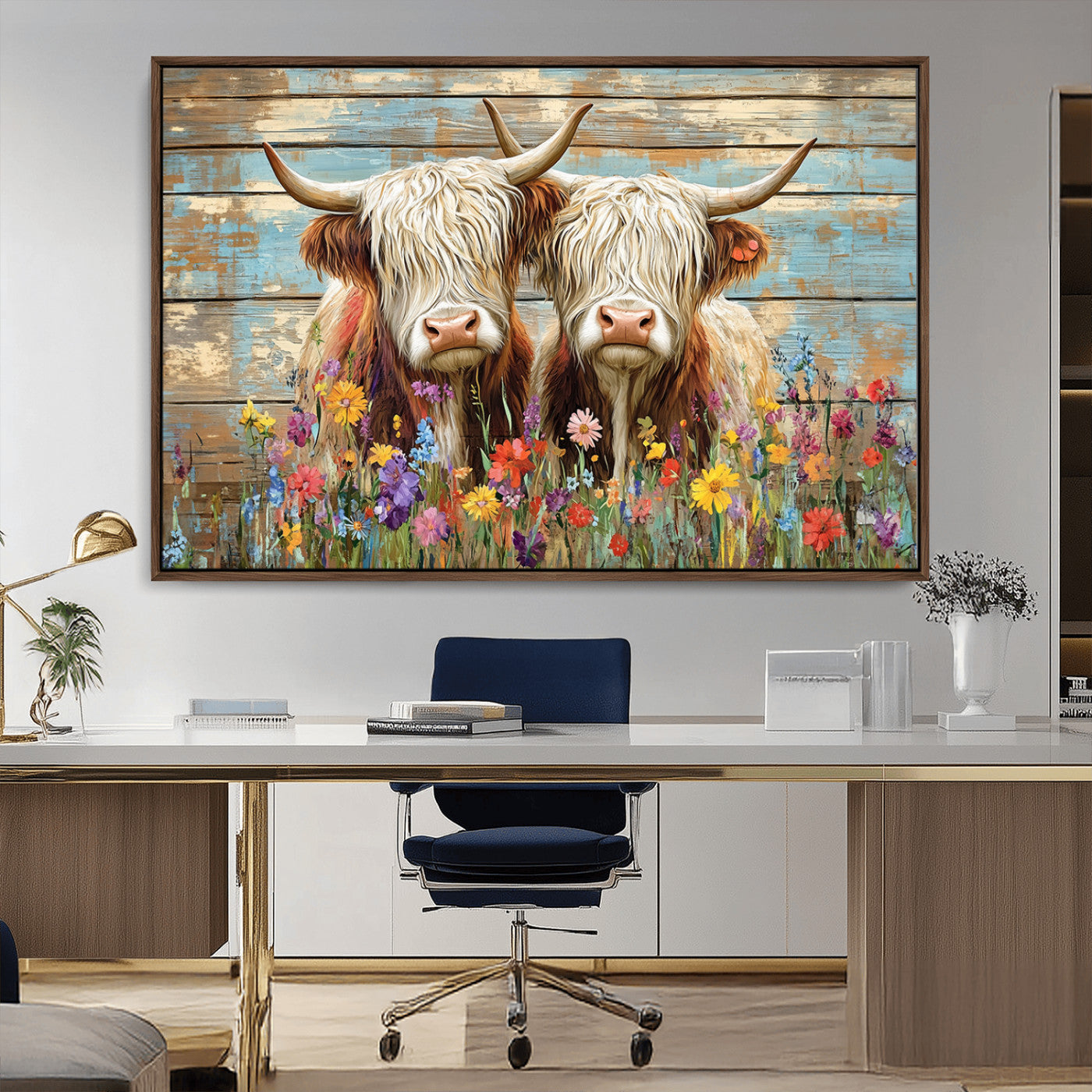 36972-MGV-CV-36X24 - Cute Highland Cow Canvas Wall Art - Rustic Farmhouse Decor with Colorful Flowers Perfect Wall Art