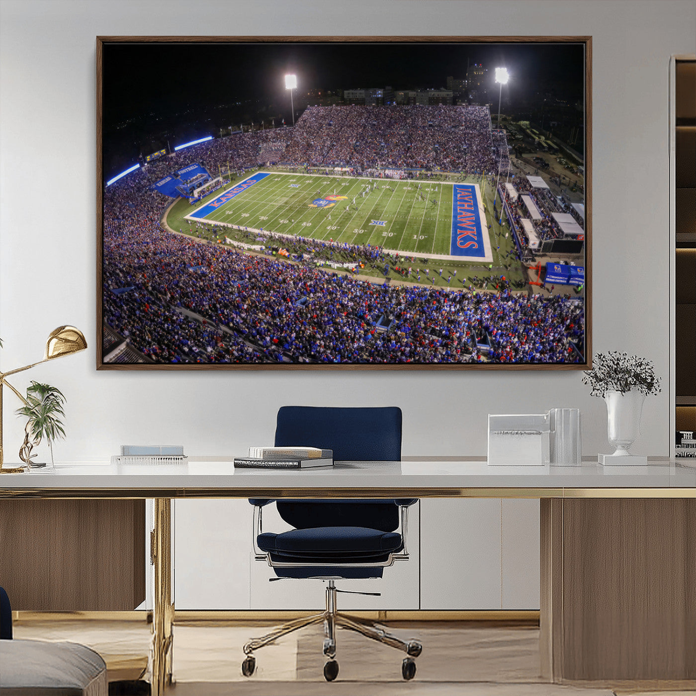 69760-MGV-FC-36X24_Walnut-University of Kansas Jayhawks Football Team Print - Lawrence Kansas Memorial Stadium Wall Art Canvas