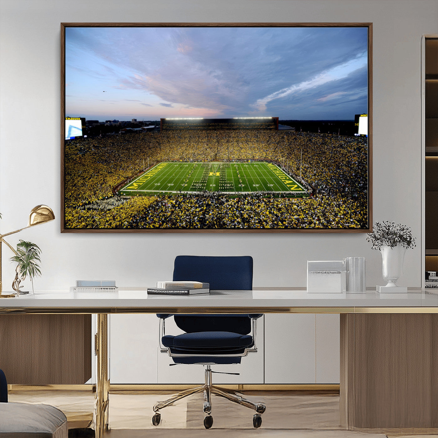 82641-MGV-CV-36X24-Michigan Stadium Wall Art Canvas Print – Framed Football Field Scene with Marching Band Artwork for Home, Office