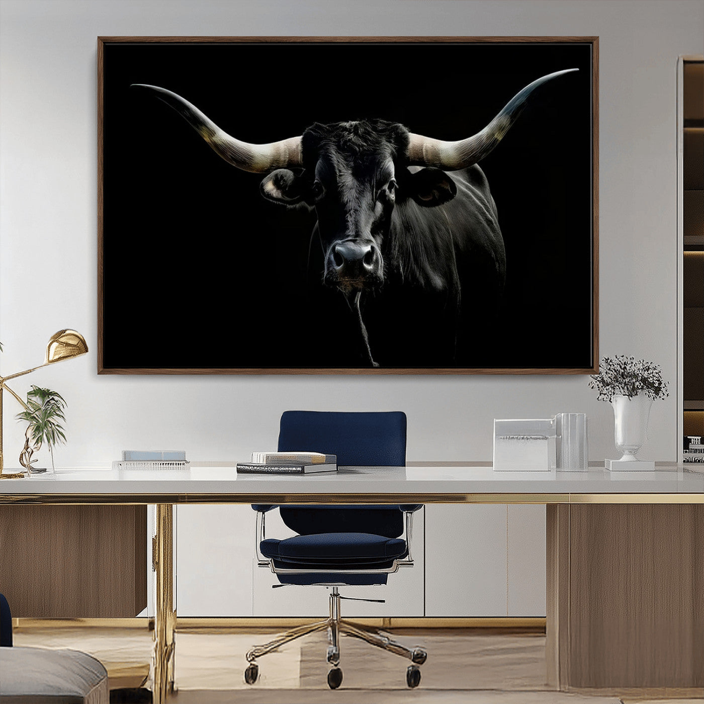 20679-MGV-CV-36X24-Texas Black Longhorn Bull Wall Art Canvas Print - Western Texas Cattle Rustic Decor Print - Longhorn
