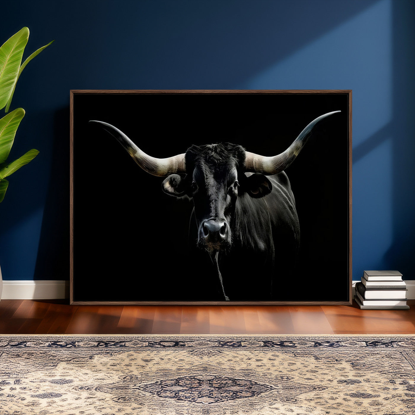 20679-MGV-CV-36X24 - Texas Black Longhorn Bull Wall Art Canvas Print - Western Texas Cattle Rustic Decor Print - Longhorn