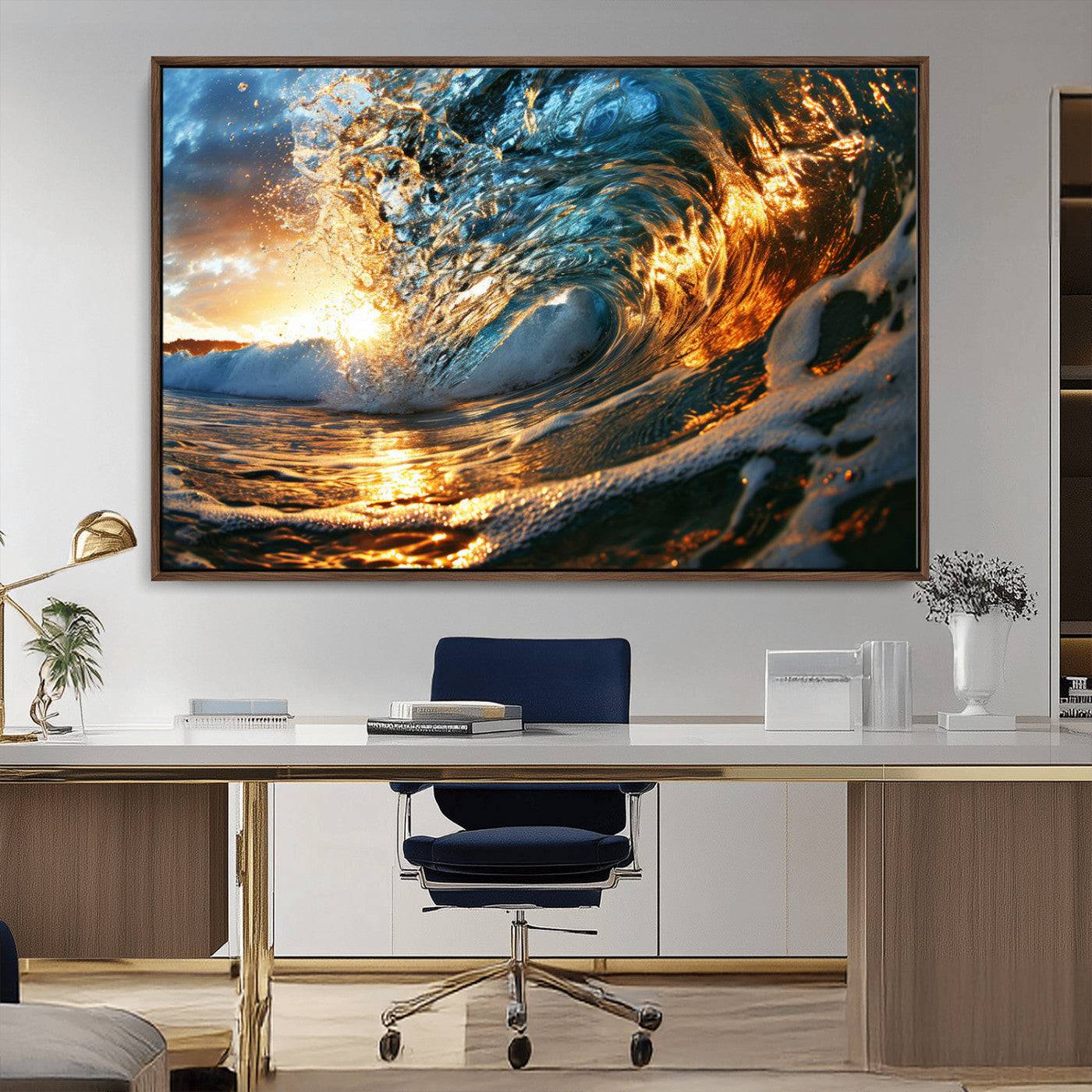 41370-MGV-CV-36X24-Ocean Wave at Sunset Canvas Wall Art – Vibrant Coastal Beach Waves Print, Large Nautical Decor,