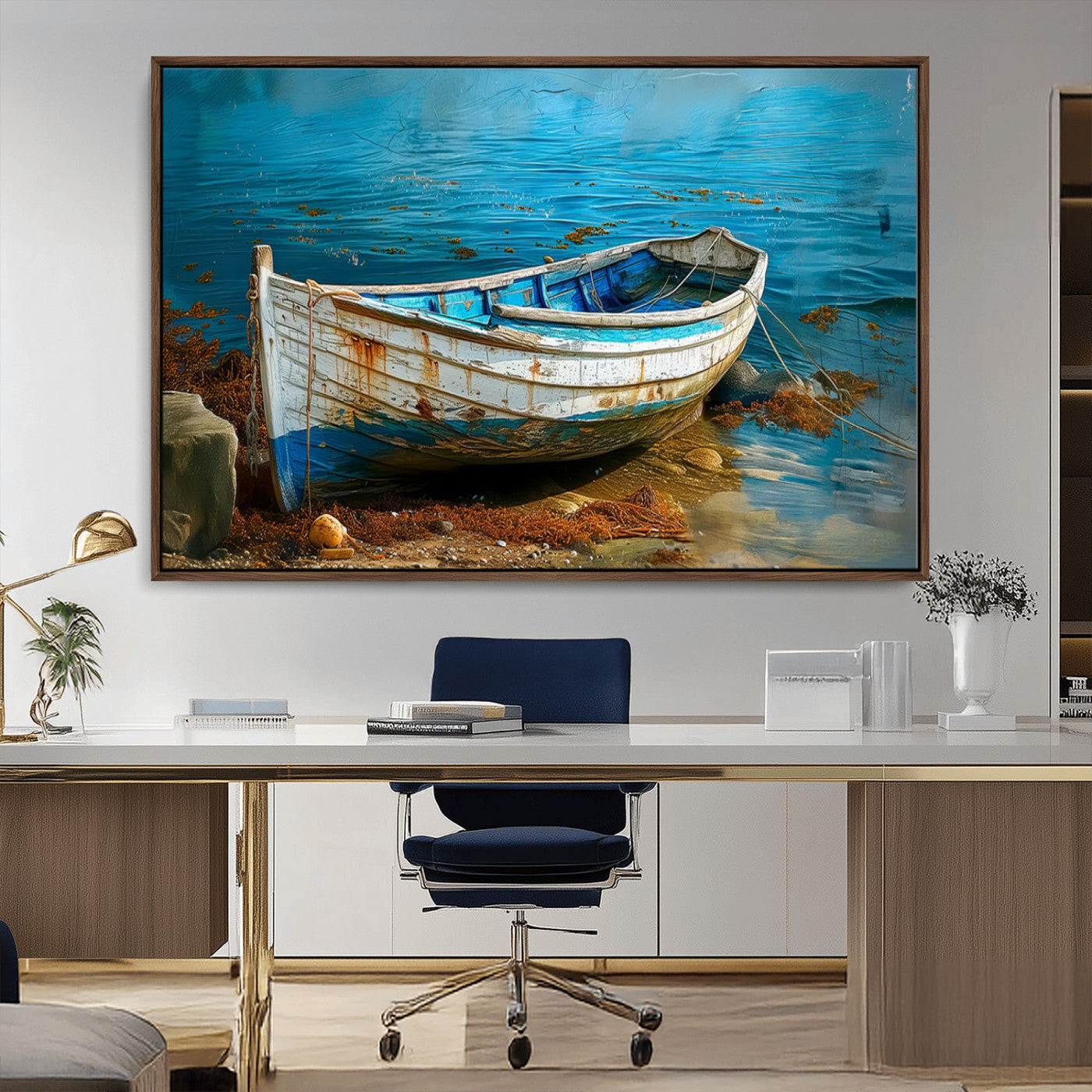 54716-MGV-CV-36X24-Vintage Boat on Tranquil Waters | Coastal Wall Art for Nautical Decor | Rustic Triptych Canvas Print