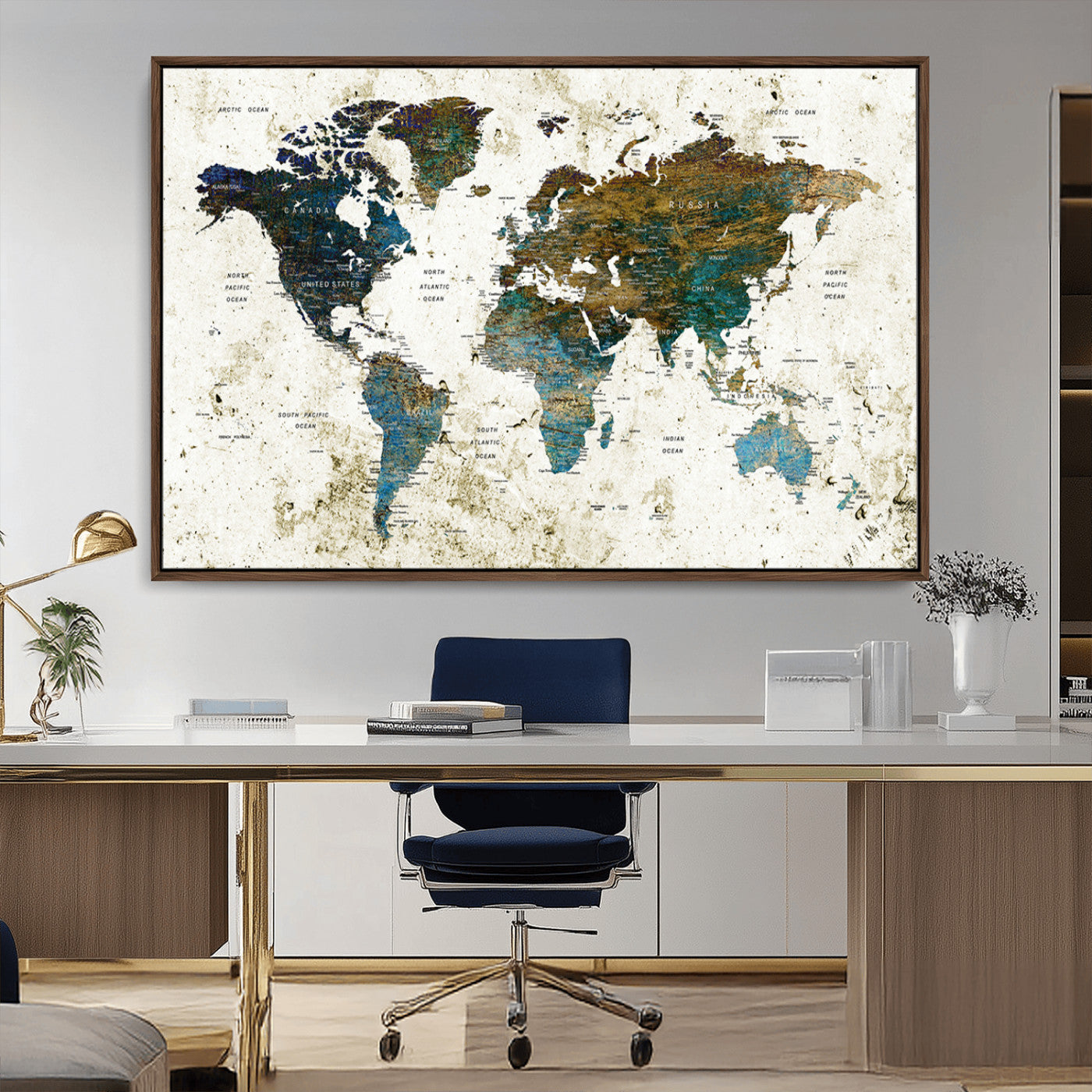 89176-MGV-FC-36X24_Walnut-Vintage Blue and Brown World Map Canvas Wall Art – Framed Rustic Map Print, Earth Tone Travel Decor for Stylish Home and Office Walls