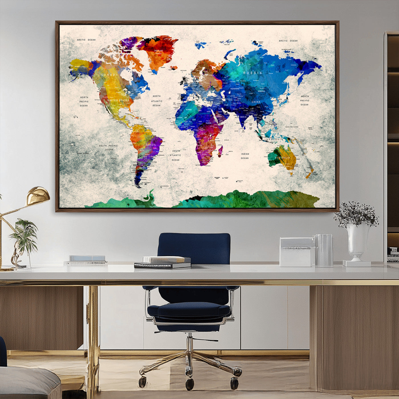 67752-MGV-FC-36X24_Walnut-Push Pin World Map Canvas Print – Framed Travel Map Wall Art for Couples, Anniversary Gift, Modern Home or Office Decor