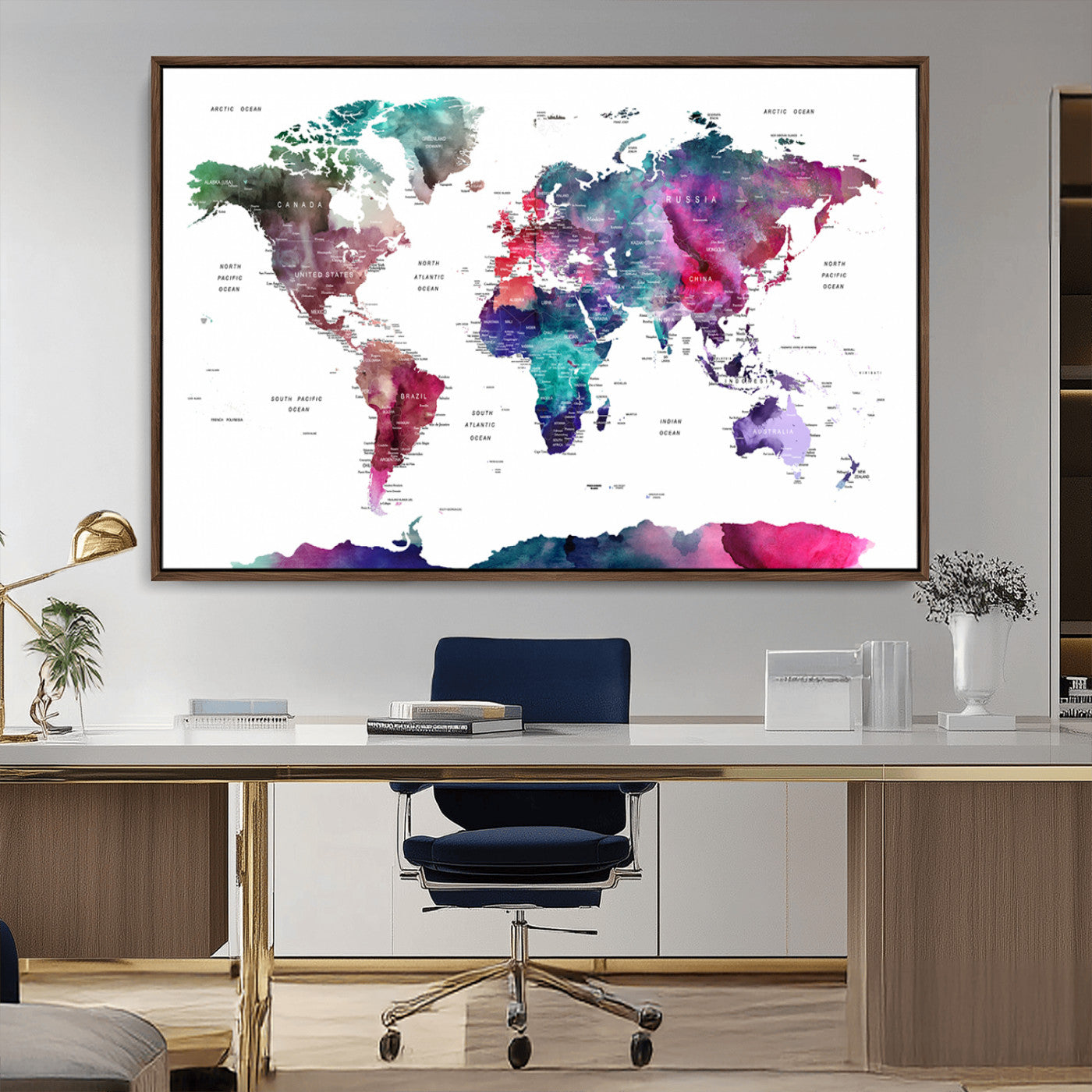 78176-MGV-CV-36X24-Colorful Watercolor World Map Canvas Wall Art – Framed Modern Map Print, Vibrant Travel Inspired Artwork for Home and Office Decor