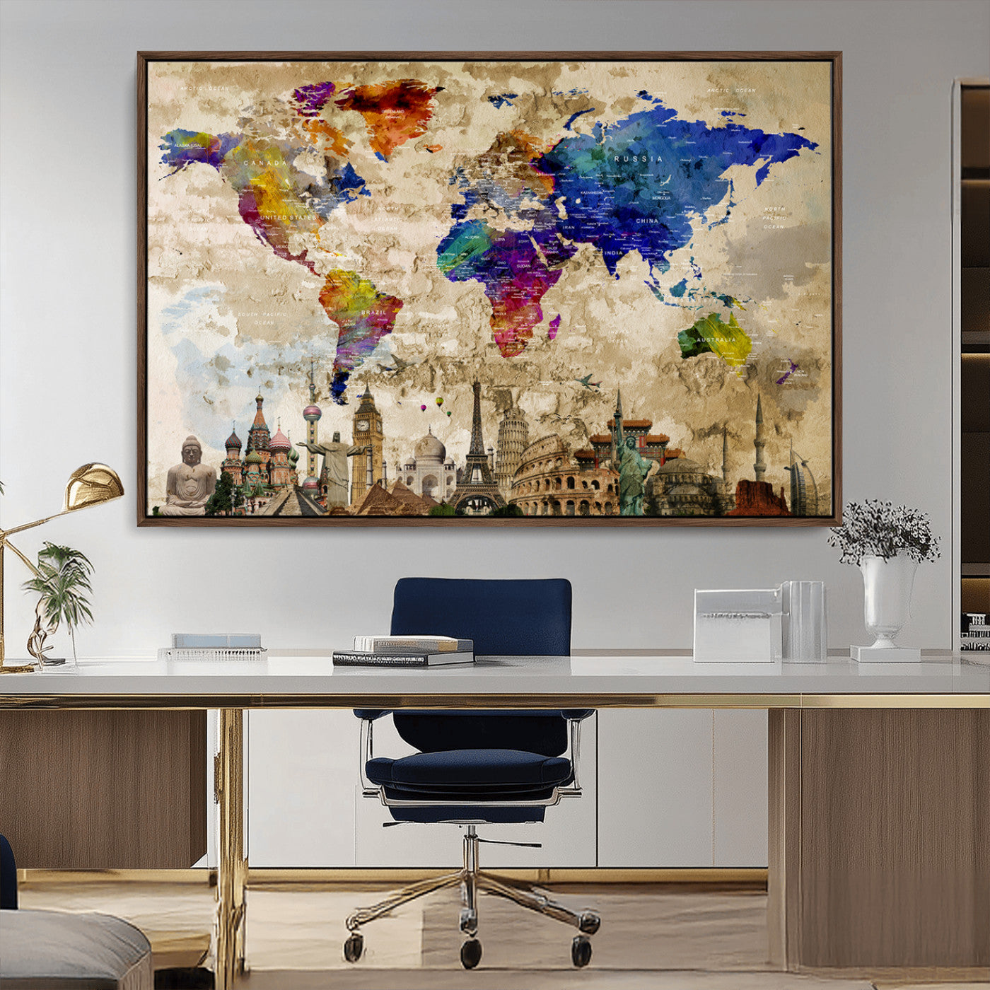 12168-MGV-CV-36X24-Push Pin World Map Canvas Print – Framed Travel Tracker Wall Art for Couples, Anniversary Gift and Modern Home Decor