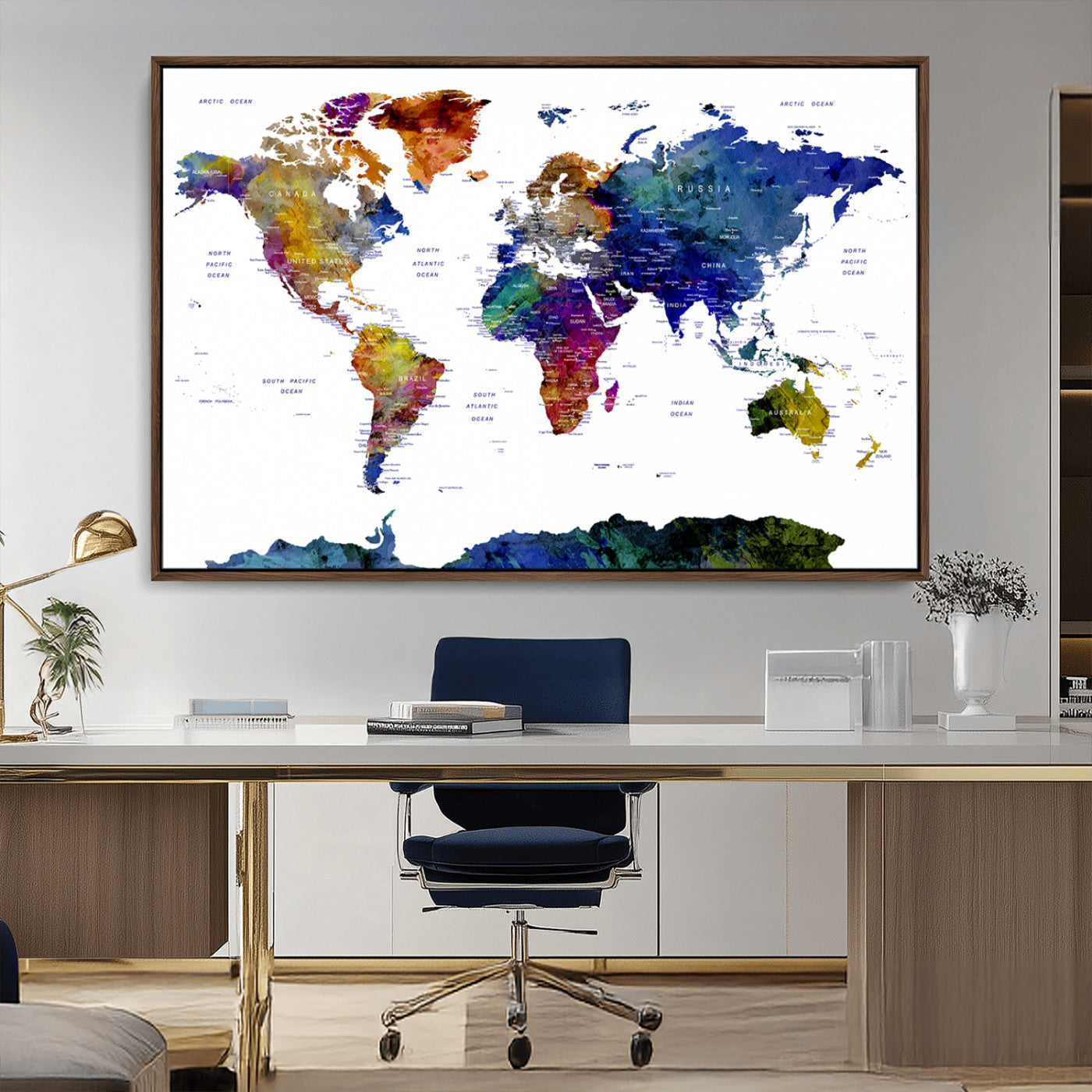 90446-MGV-CV-36X24-Colorful Watercolor World Map Canvas Wall Art – Framed Modern Push Pin Travel Map for Home and Office Decor