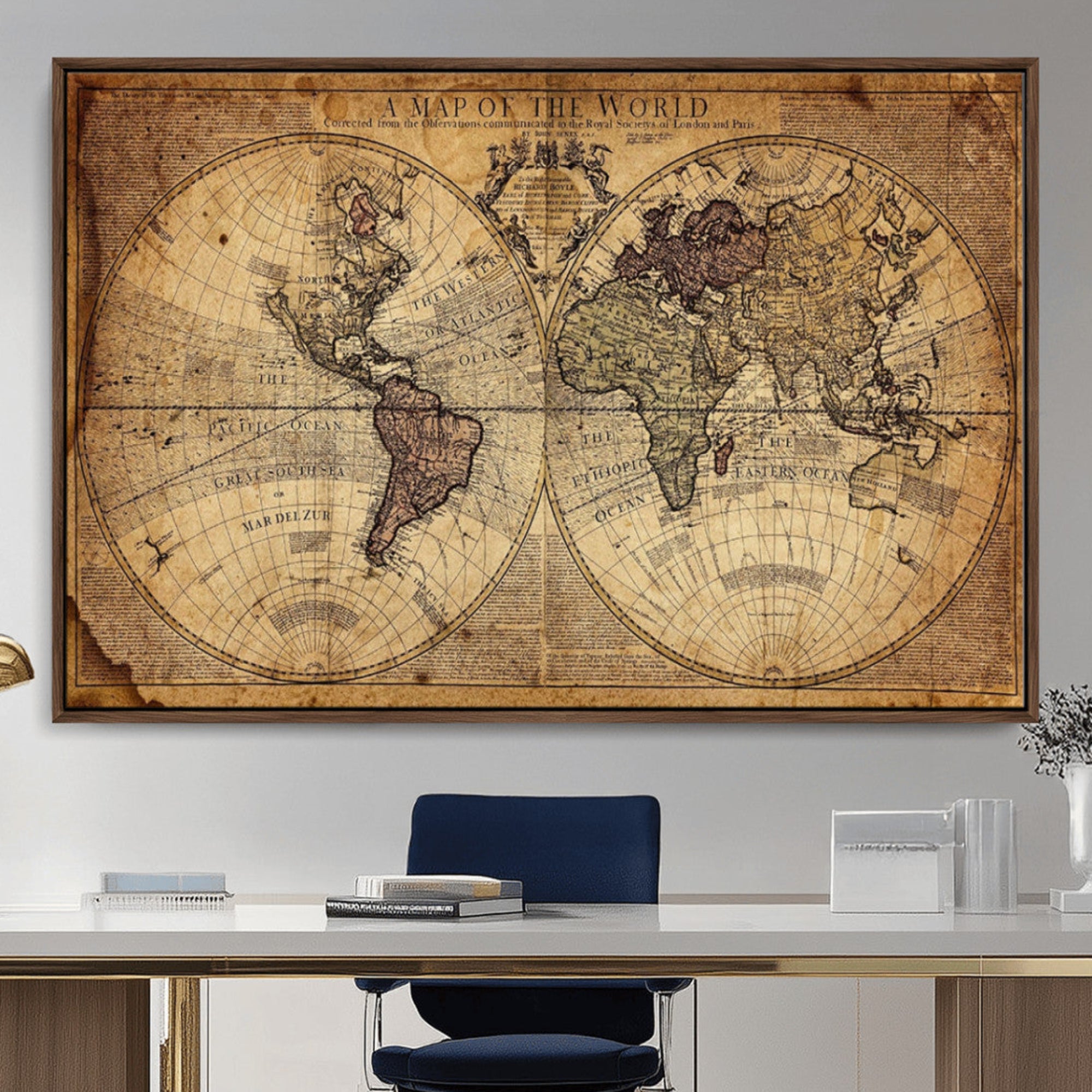 Ant1001-MGV-CV-36X24-Vintage World Map Wall Art Canvas – Antique Style Push Pin Travel Map, Framed Decorative Wall Decor for Home, Office