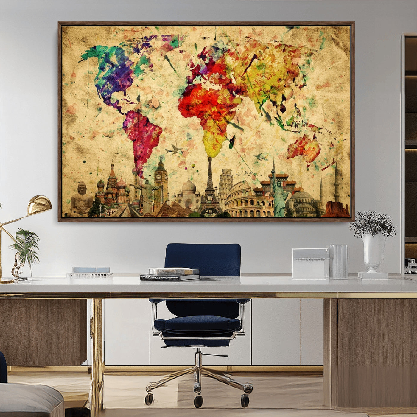 24467-MGV-FC-36X24_Walnut-Colorful Watercolor World Map Canvas Wall Art – Framed Landmark Travel Map Print, Vibrant Global Artwork for Home and Office Decor