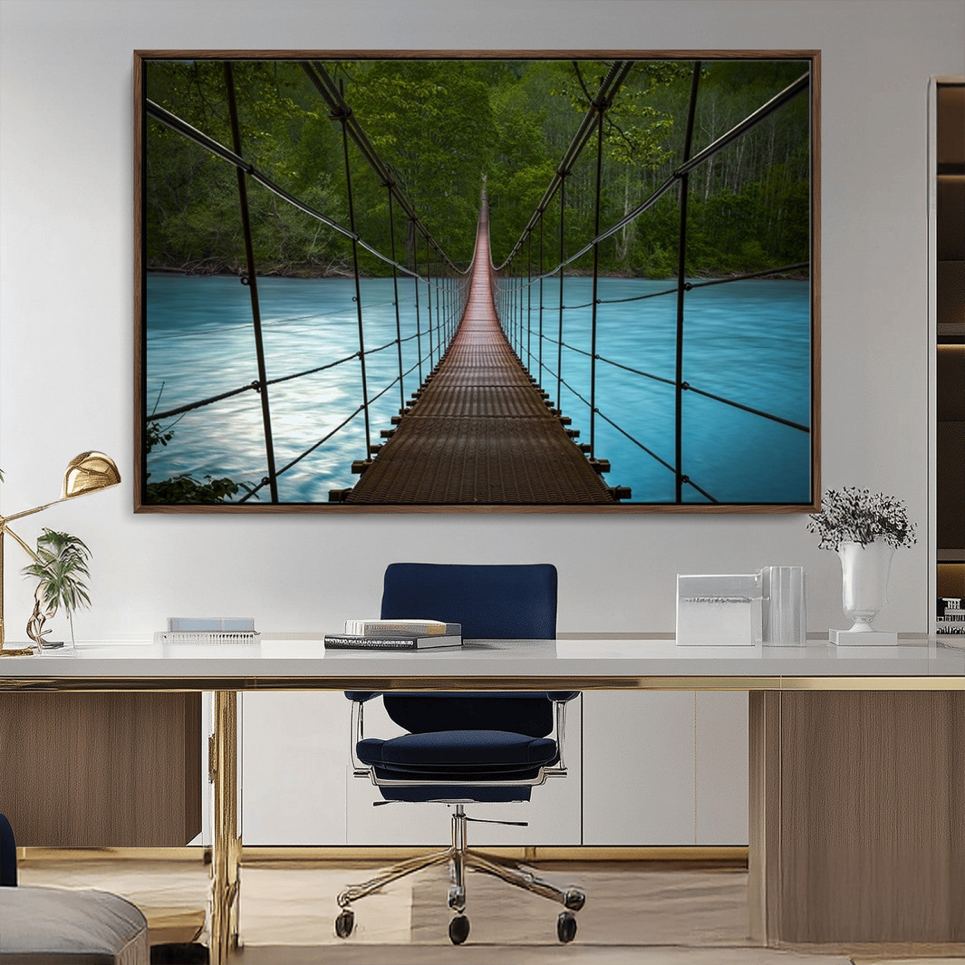-Suspension Bridge Over River Canvas Art | 3-Panel Nature Photography | Scenic Wall Art for Living