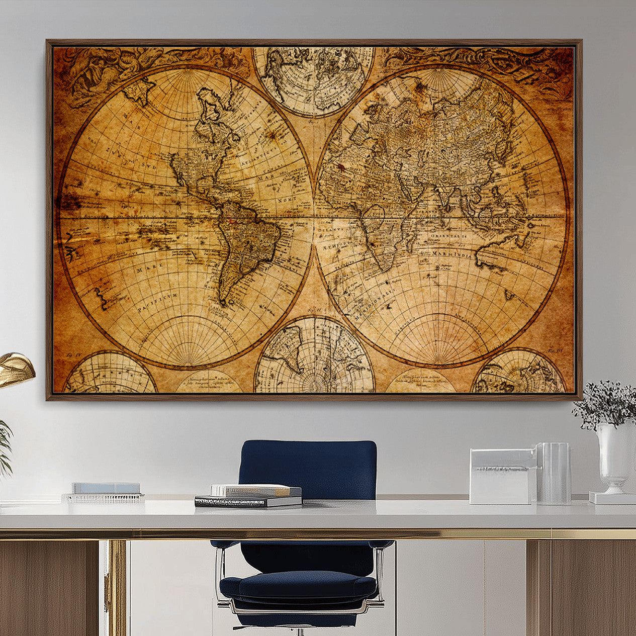 25517-MGV-FC-36X24 - Vintage World Map Canvas Print – Antique Push Pin Travel Map, Framed Wall Art for Home or Office Decor