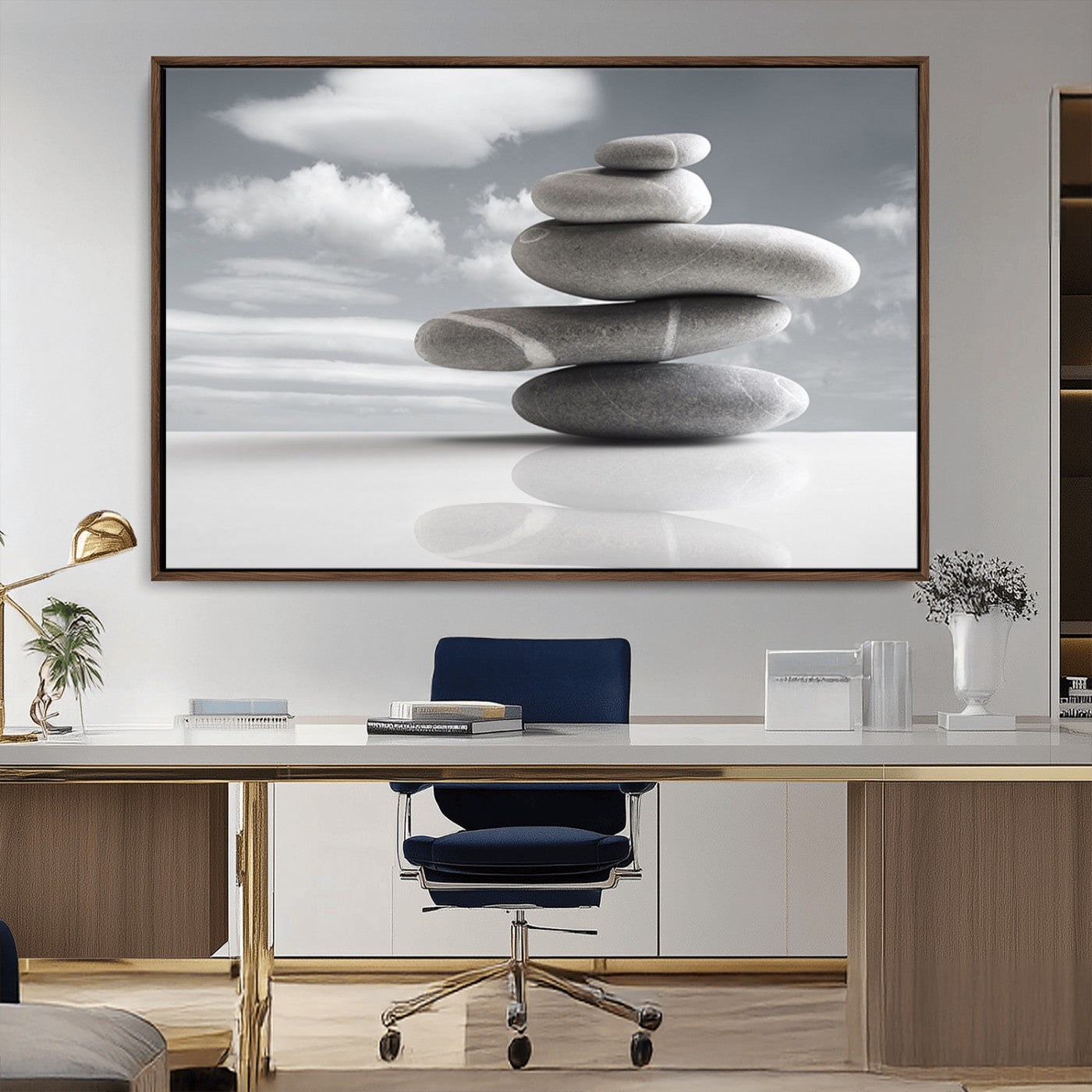-Still Life Black and White Zen Stones Wall Art Canvas, Framed Black and White Zen Stones Canvas