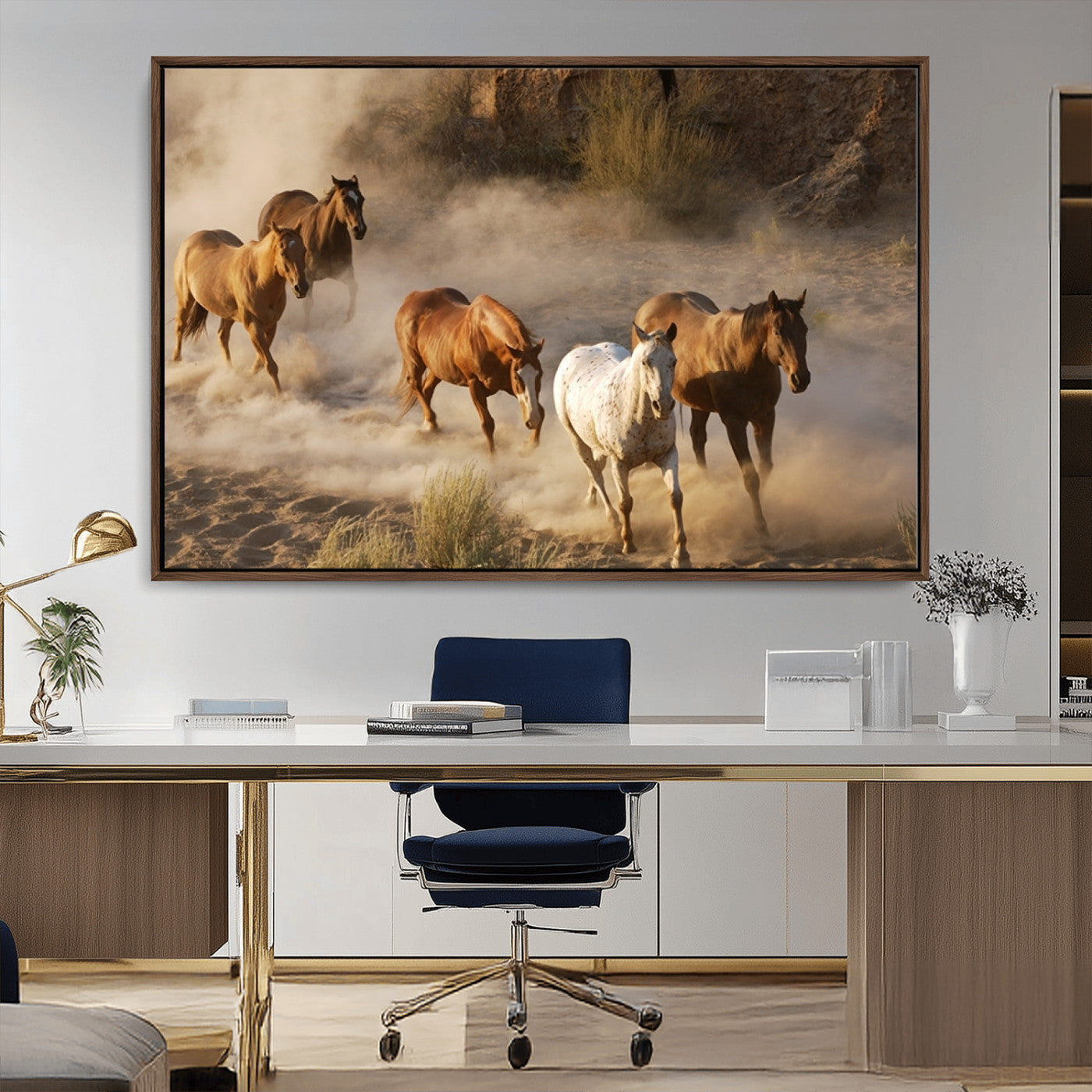 23809-MGV-FC-36X24_Walnut-Large Wall Art 5 Horses Running on Sand Canvas Print