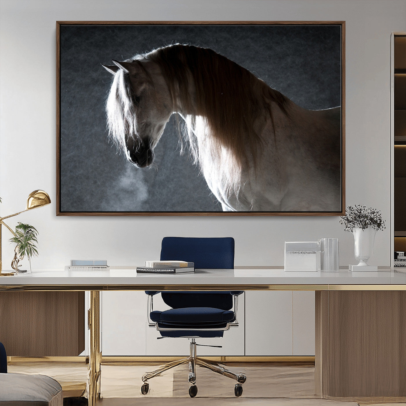 36020-MGV-FC-36X24_Walnut-Large Wall Art Cream Colored Horse on Grey Background Canvas Print