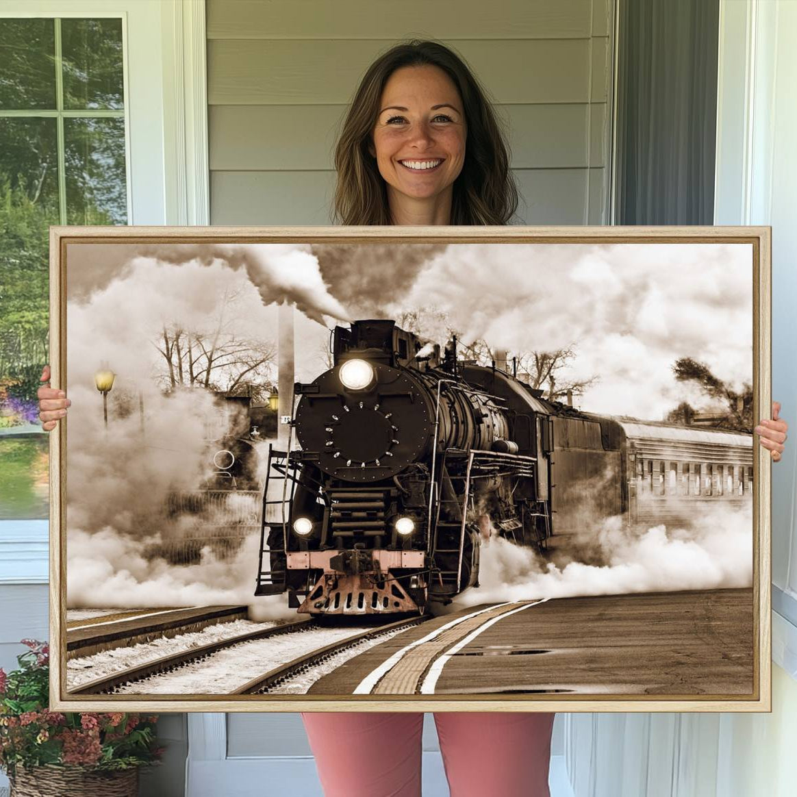31136-MGV-CV-36X24-Black Steam Train Canvas Wall Art Print Steam Locomotive Art Canvas