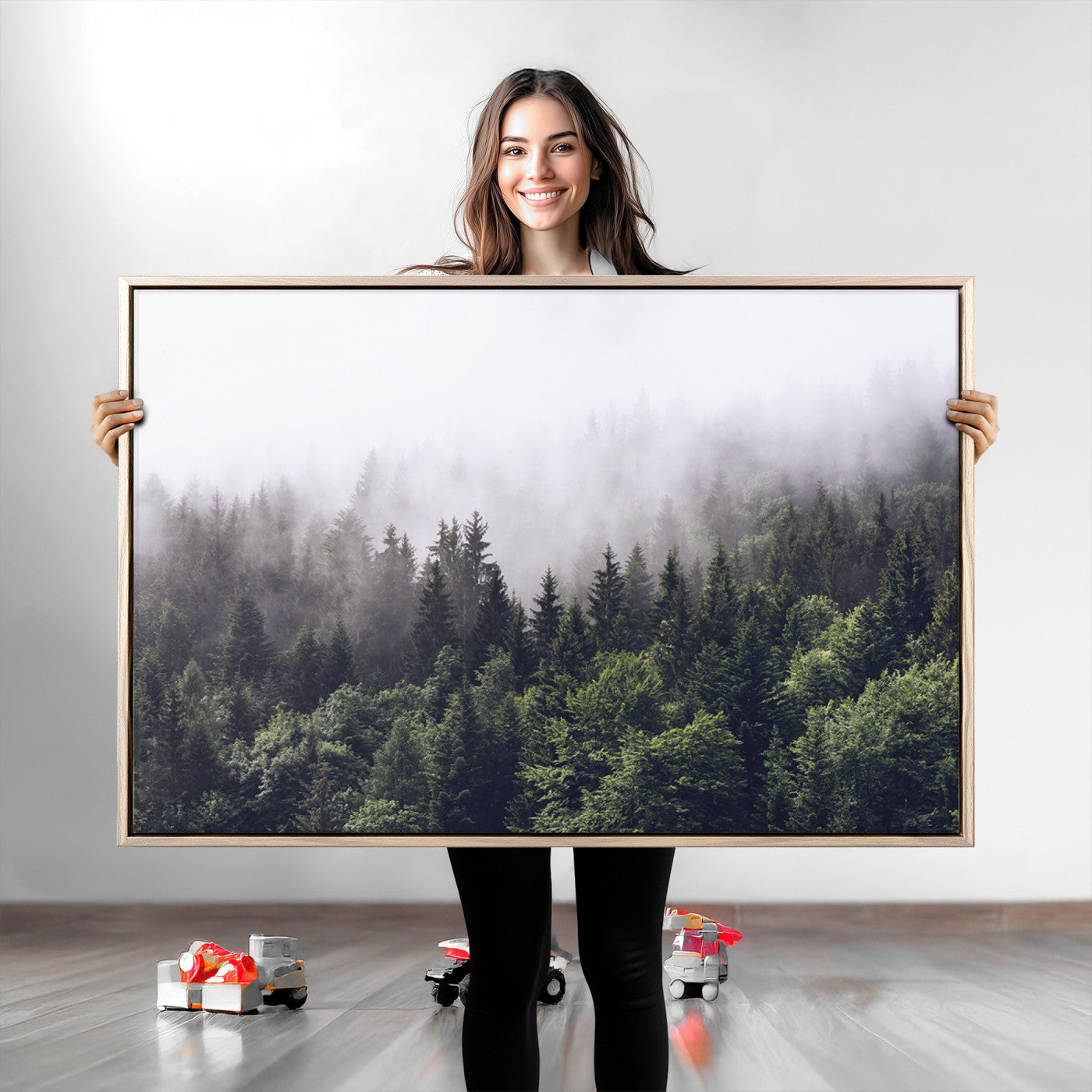 -Misty Forest Wall Art Canvas Print, Framed Foggy Pines Art Picture Print, Pine Valley Perfect Moody