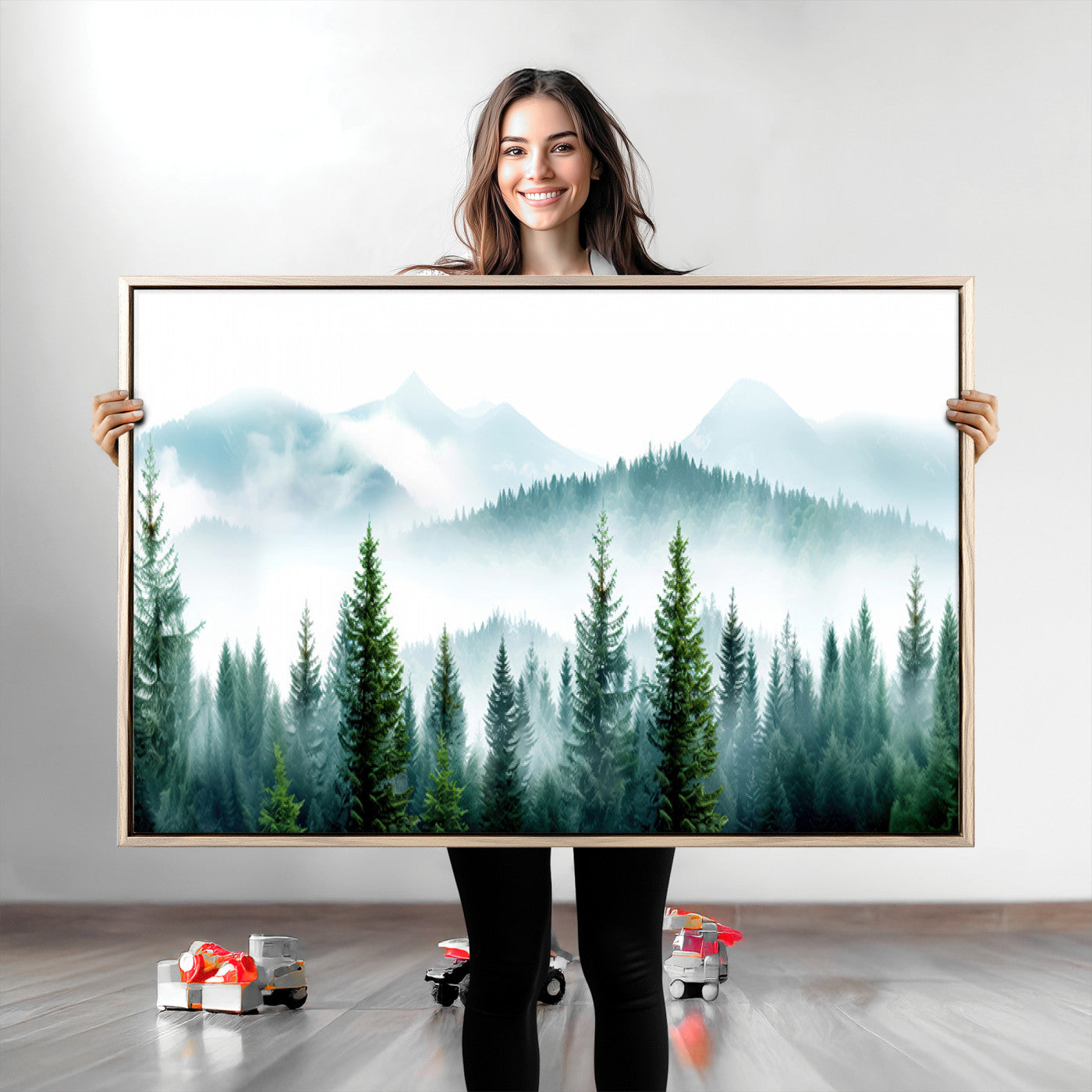 16716676-MGV-CV-36X24-Pine Forest Wall Art Canvas Print – Misty Mountains Foggy Trees Serene Woodland Nature Artwork for Home Office