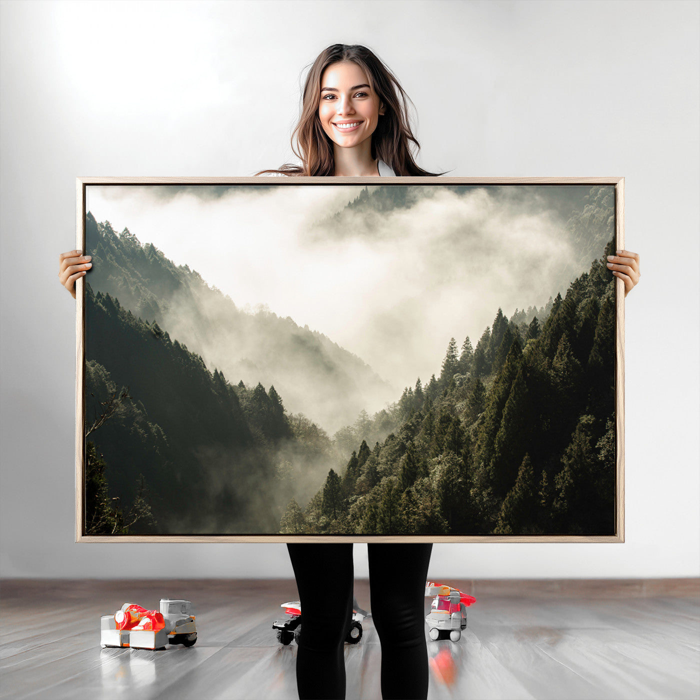 57570237-MGV-CV-36X24-Misty Valley Wall Art Canvas Print – Foggy Forest Pine Trees Serene Woodland Landscape Artwork for Home Office
