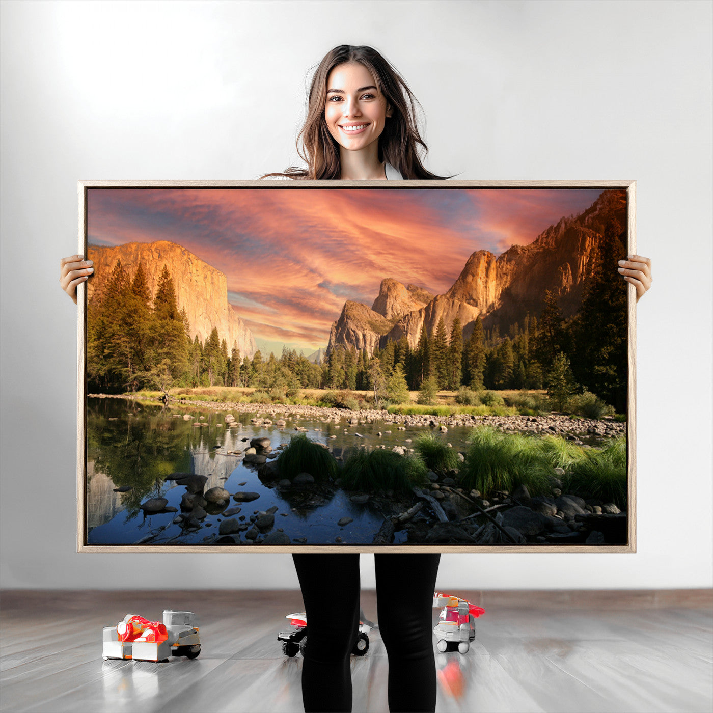 -Yosemite Valley Canvas Wall Art, Framed El Capitan Art Picture Print, Sunset Sky Perfect Vibrant