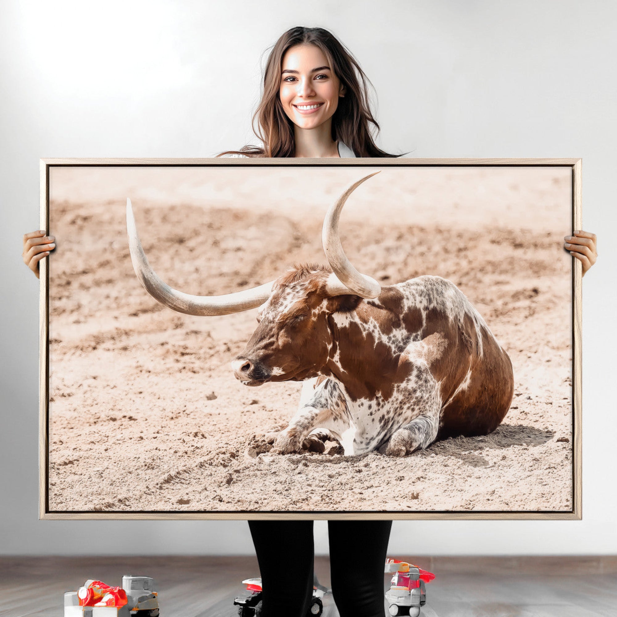 91248682-MGV-CV-36X24-Texas Longhorn Wall Art Canvas Print – Framed Resting Bull Spotted Cattle Western Ranch Animal Artwork for Home Office