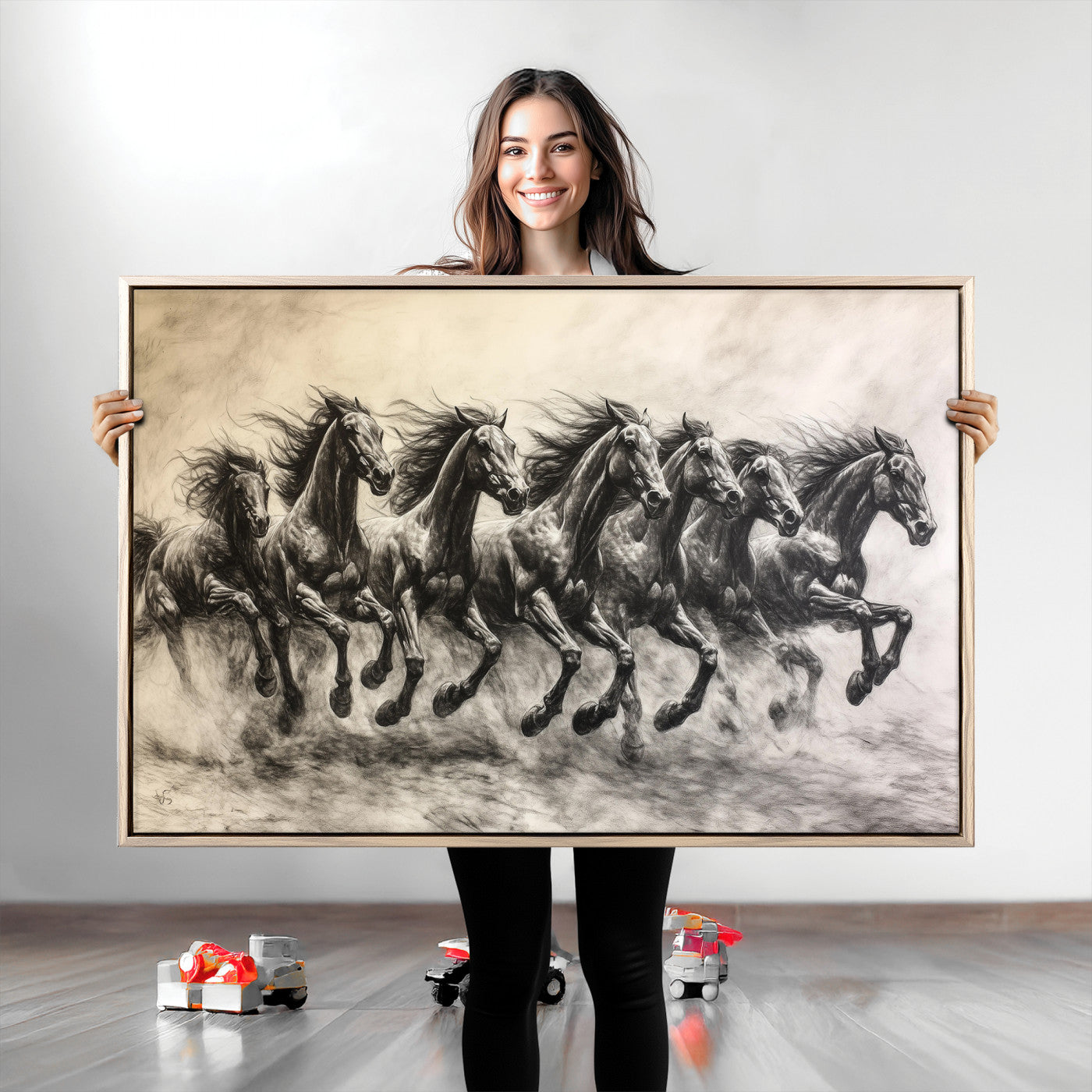 -Galloping Horses Wall Art Canvas Print, Framed Wild Stallions Art Picture Print, Horse Herd Sketch