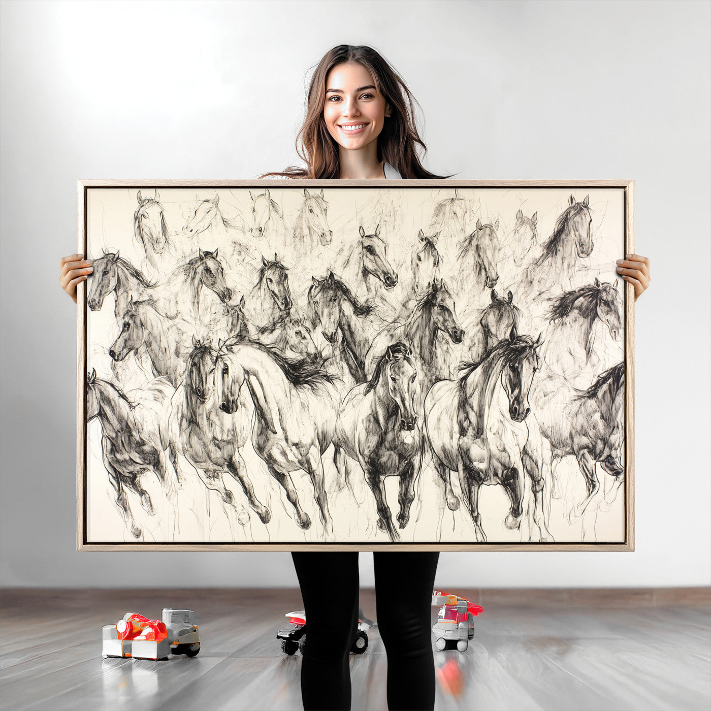 19433417-MGV-CV-36X24-Running Horses Wall Art Canvas Print – Framed Galloping Herd Dynamic Equestrian Sketch Nature Artwork for Home Office