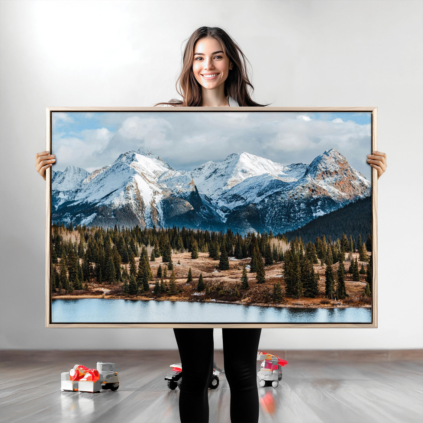 -Snowy Peaks Wall Art Canvas Print, Framed Alpine Lake Art Picture Print, Pine Forest Perfect Alpine