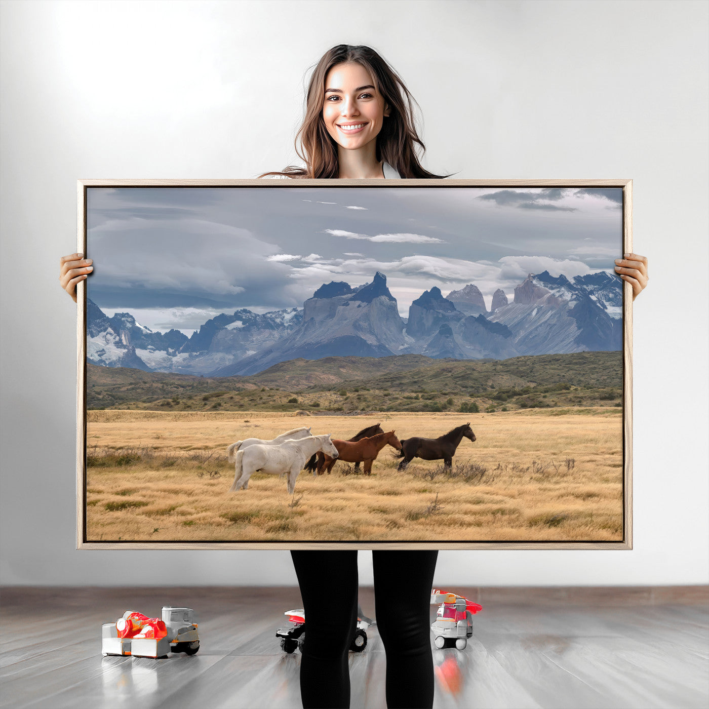 69960232-MGV-CV-36X24-Horses Grazing Wall Art Canvas Print – Framed Mountain Field Scenic Landscape Cloudy Sky Nature Artwork for Home Office