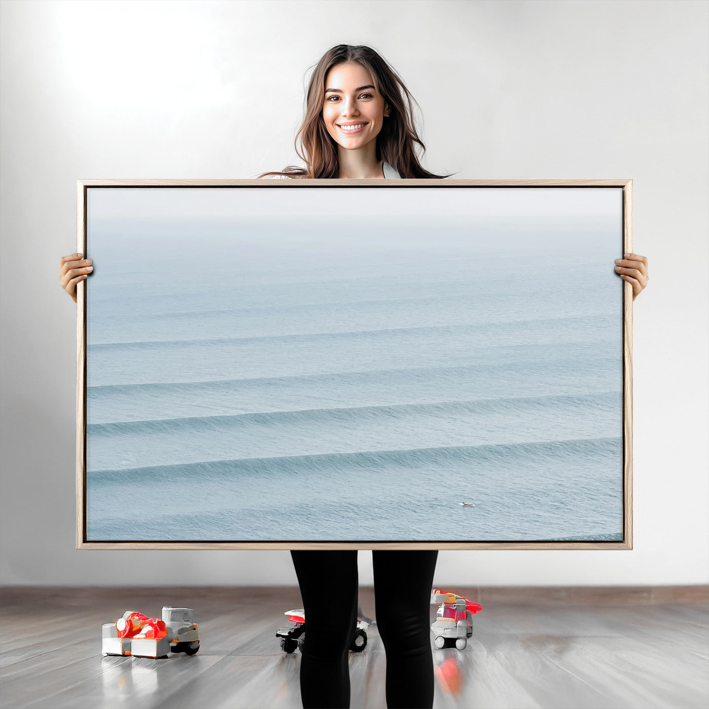 -Ocean Waves Wall Art Canvas Print, Framed Solo Surfer Art Picture Print, Wave Lines Perfect