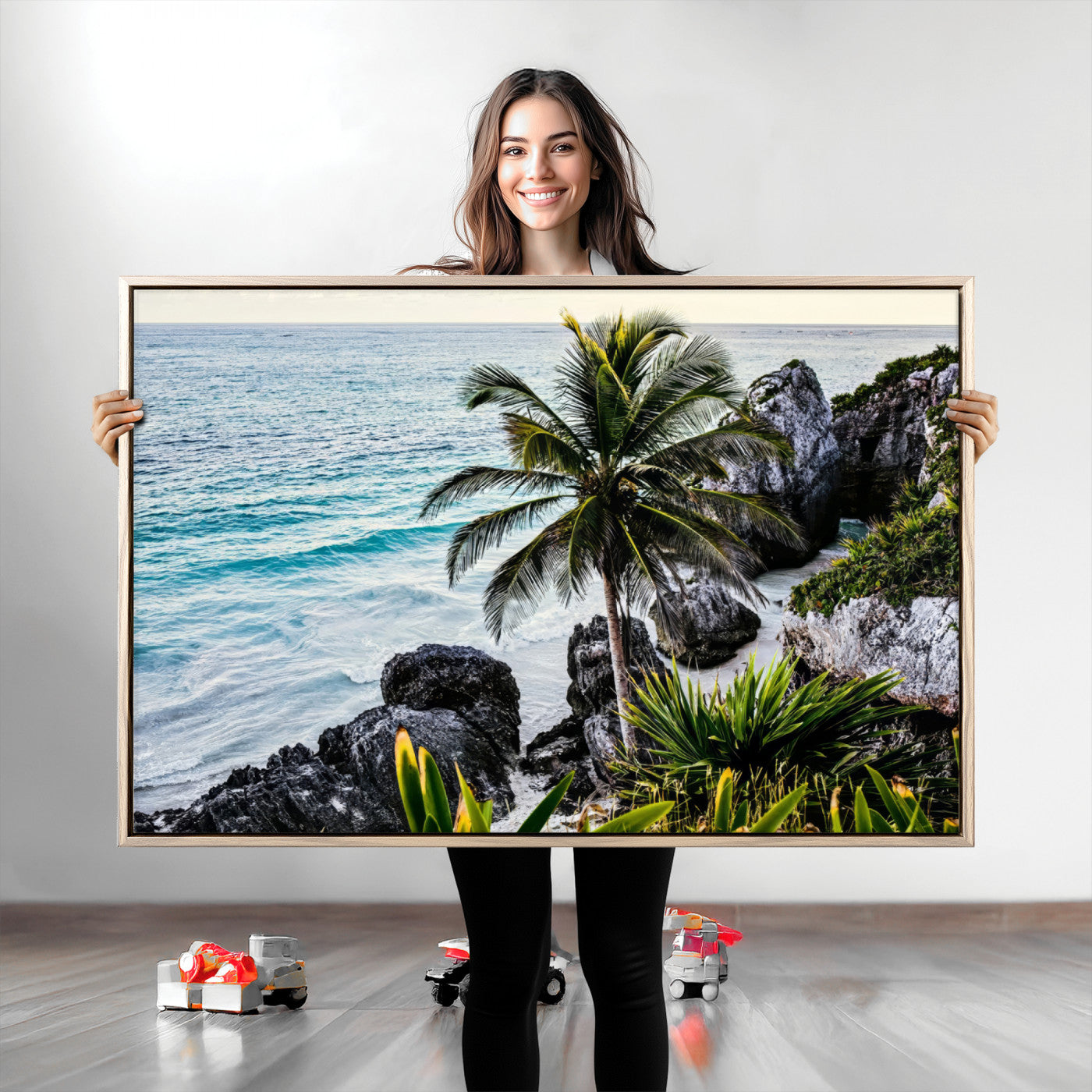 94669907-MGV-CV-36X24-Tropical Coastline Wall Art Canvas Print – Framed Palm Tree and Rocky Beach Scene Artwork for Home, Office Decor