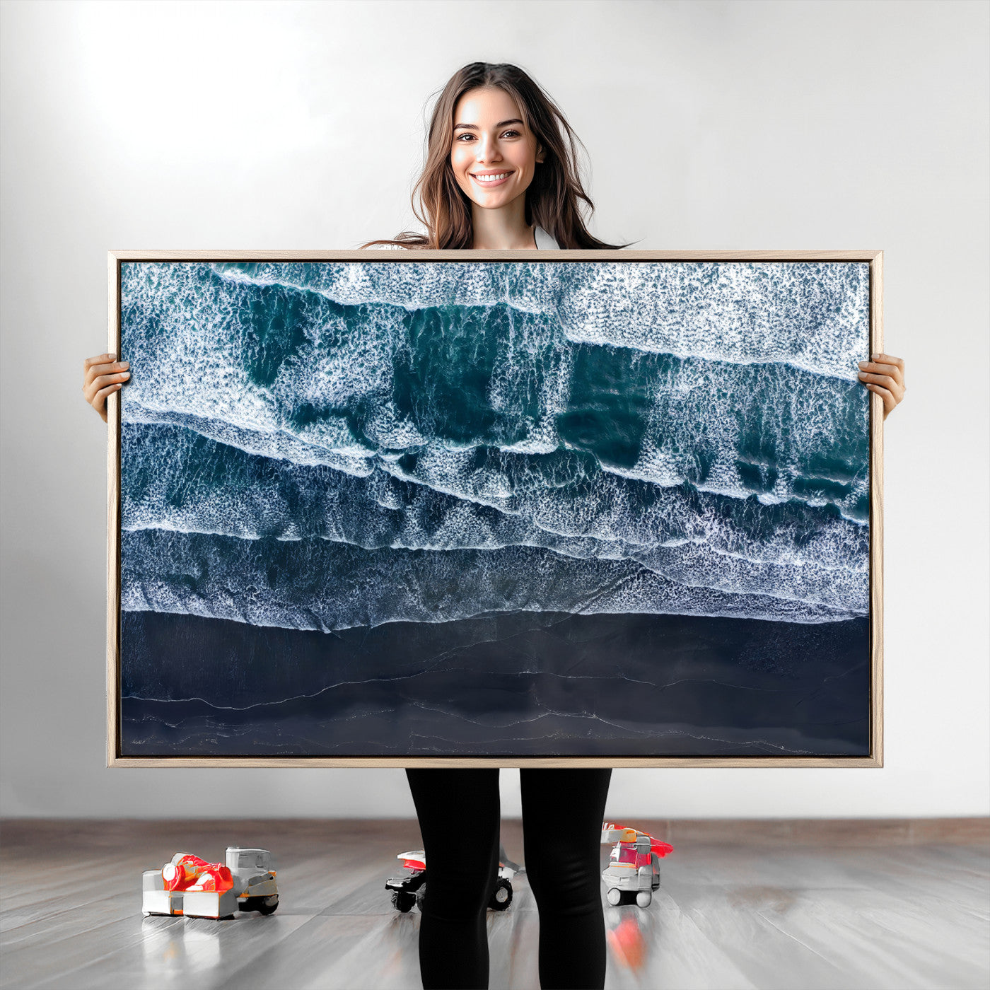 87941475-MGV-CV-36X24-Black Beach Wall Art Canvas Print – Framed Aerial Ocean View Moody Coastal Seascape Nature Artwork for Home Office