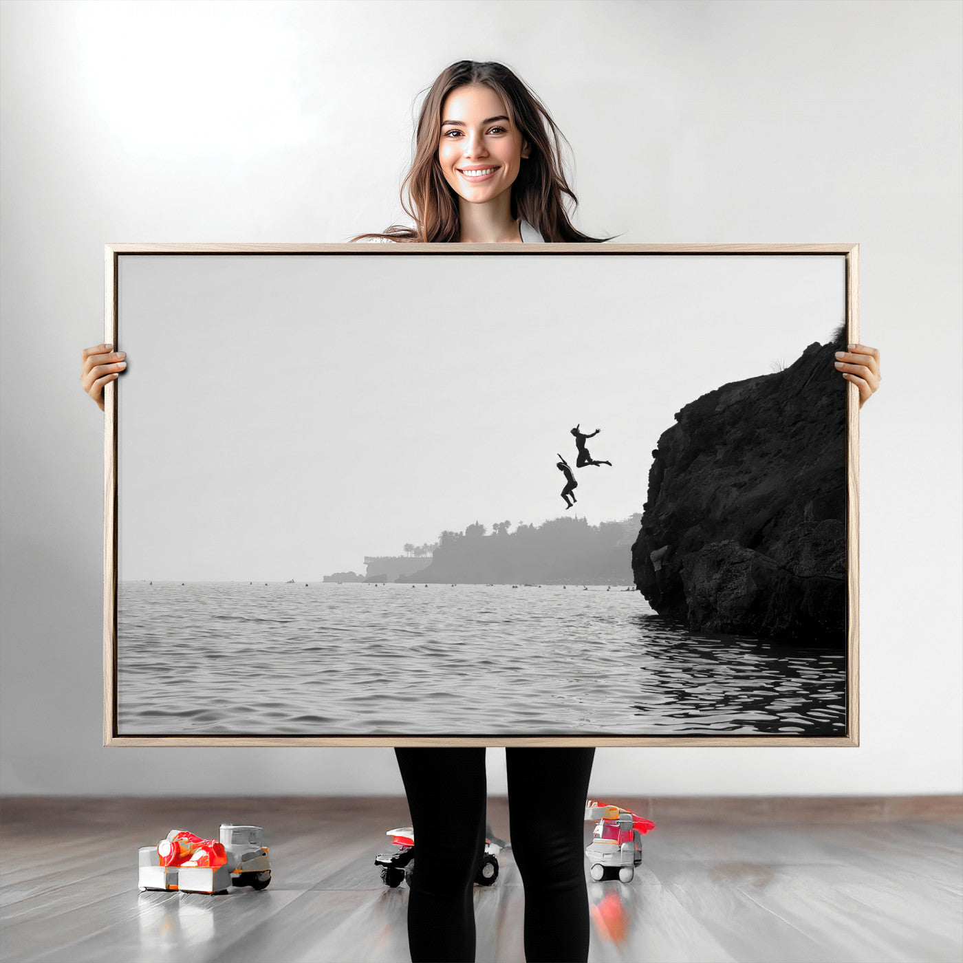 52284302-MGV-CV-36X24-Jumping Wall Art Canvas Print – Framed Coastal Ocean Scene Artwork for Relaxing Beach Home, Office Decor