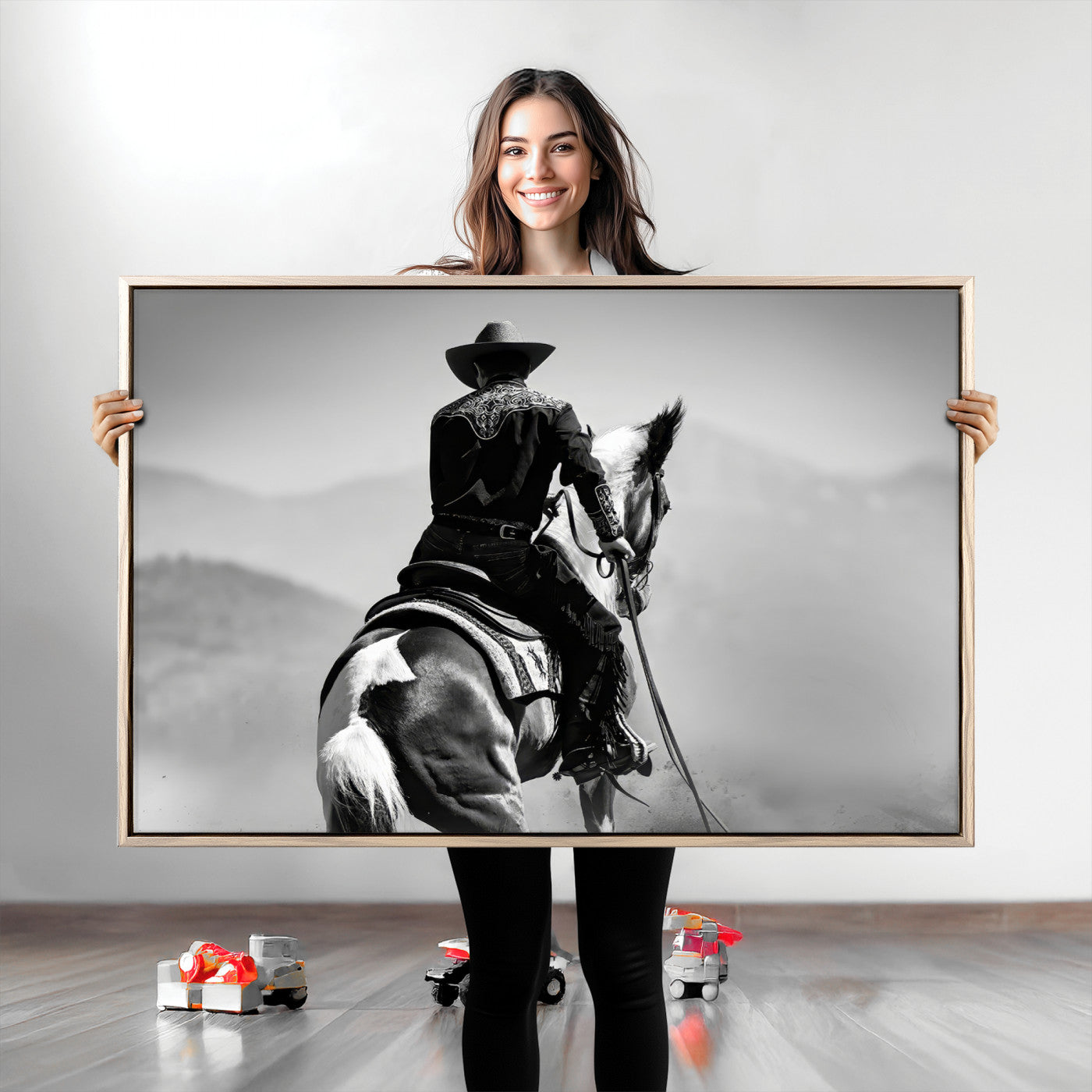83102464-MGV-CV-36X24-Western Wall Art Canvas Print – Framed Cowboy and Horse Scene Artwork for Rustic Western Home, Office Decor